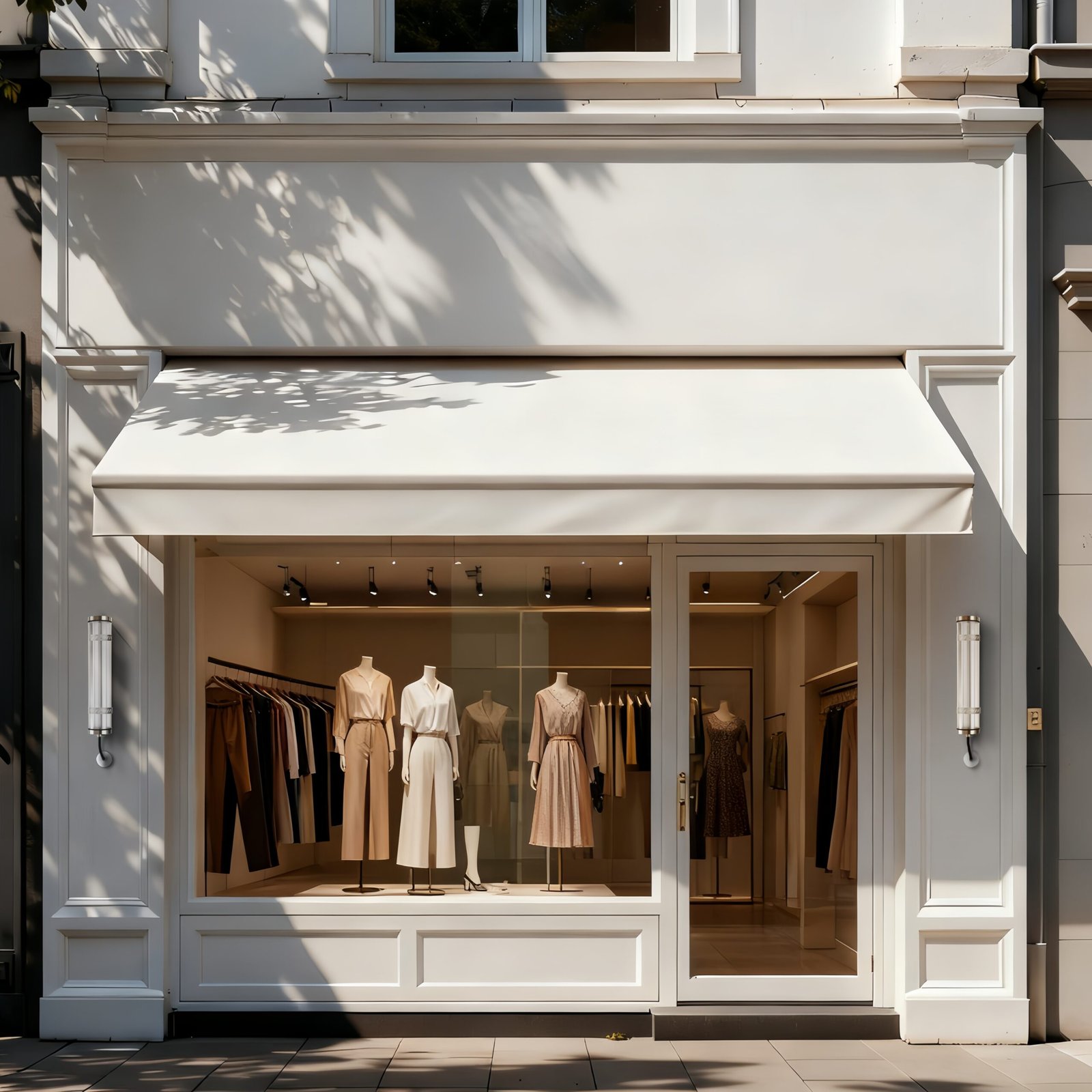 Wall-mounted tubular luminaires installed symmetrically on a storefront façade, demonstrating project-ready outdoor installation