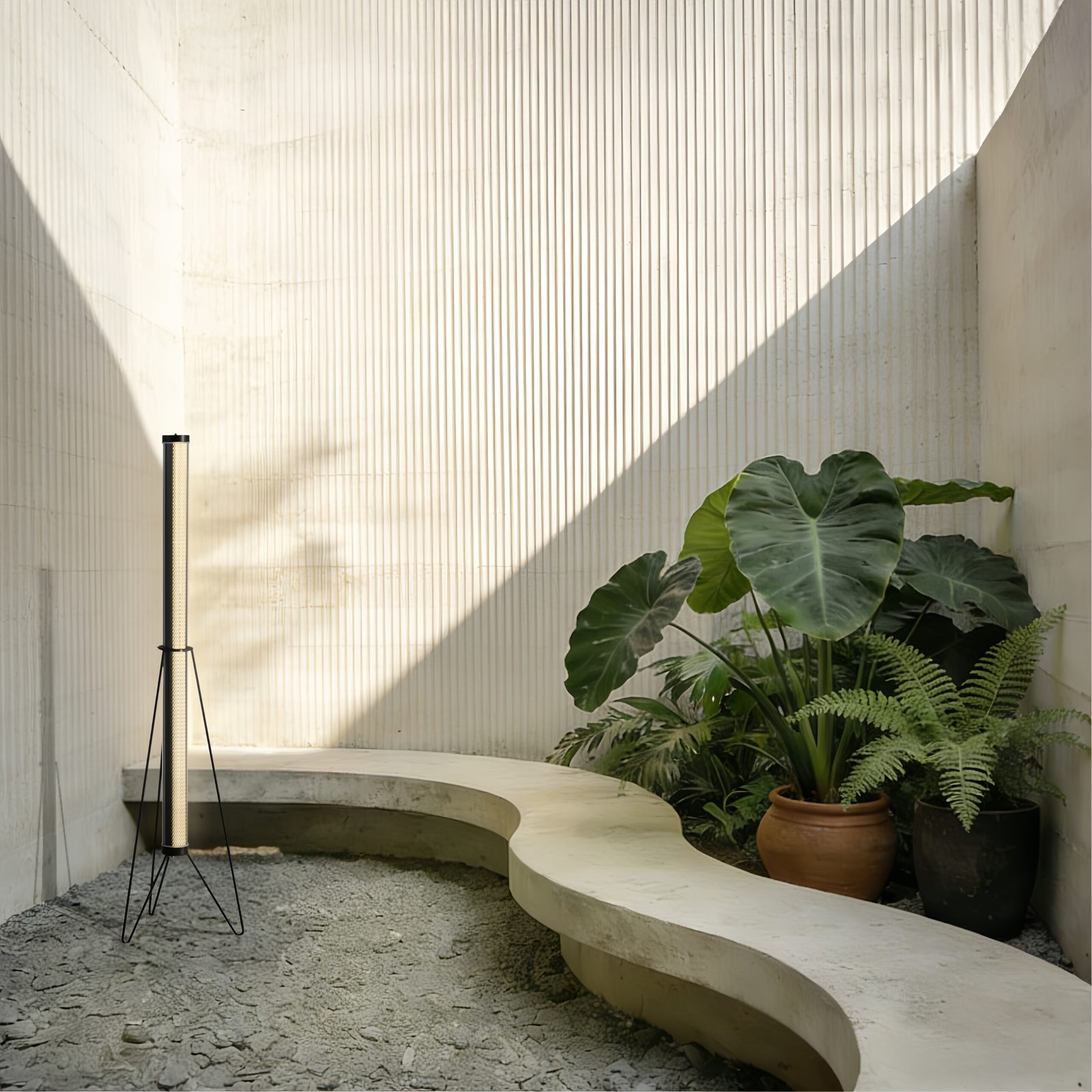 MANI Tripod Beam designer floor lamp with tubular light and minimalist tripod structure