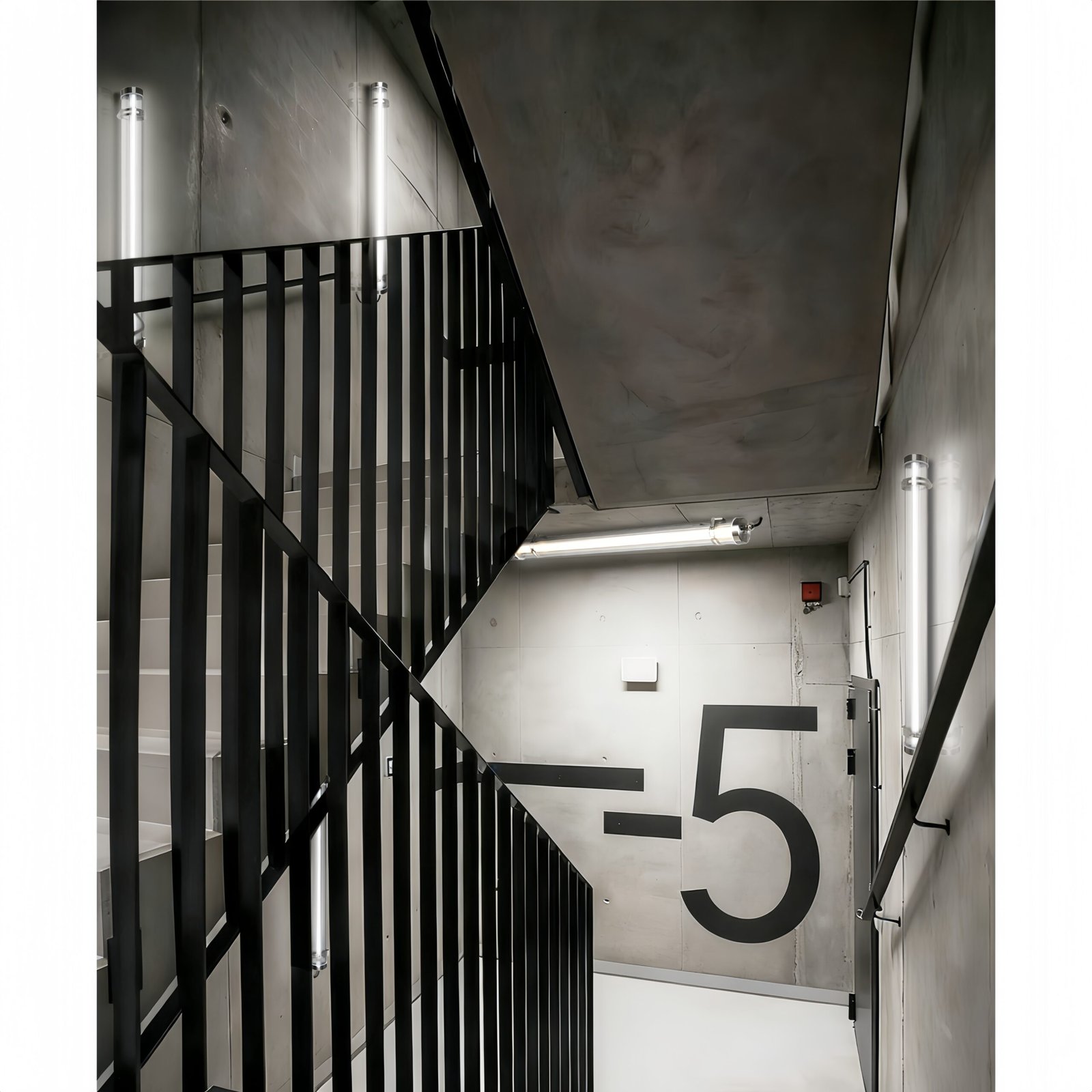 Wall-mounted and suspended installation tubular luminaires installed on a residential building façade, demonstrating clean, project-ready outdoor lighting application