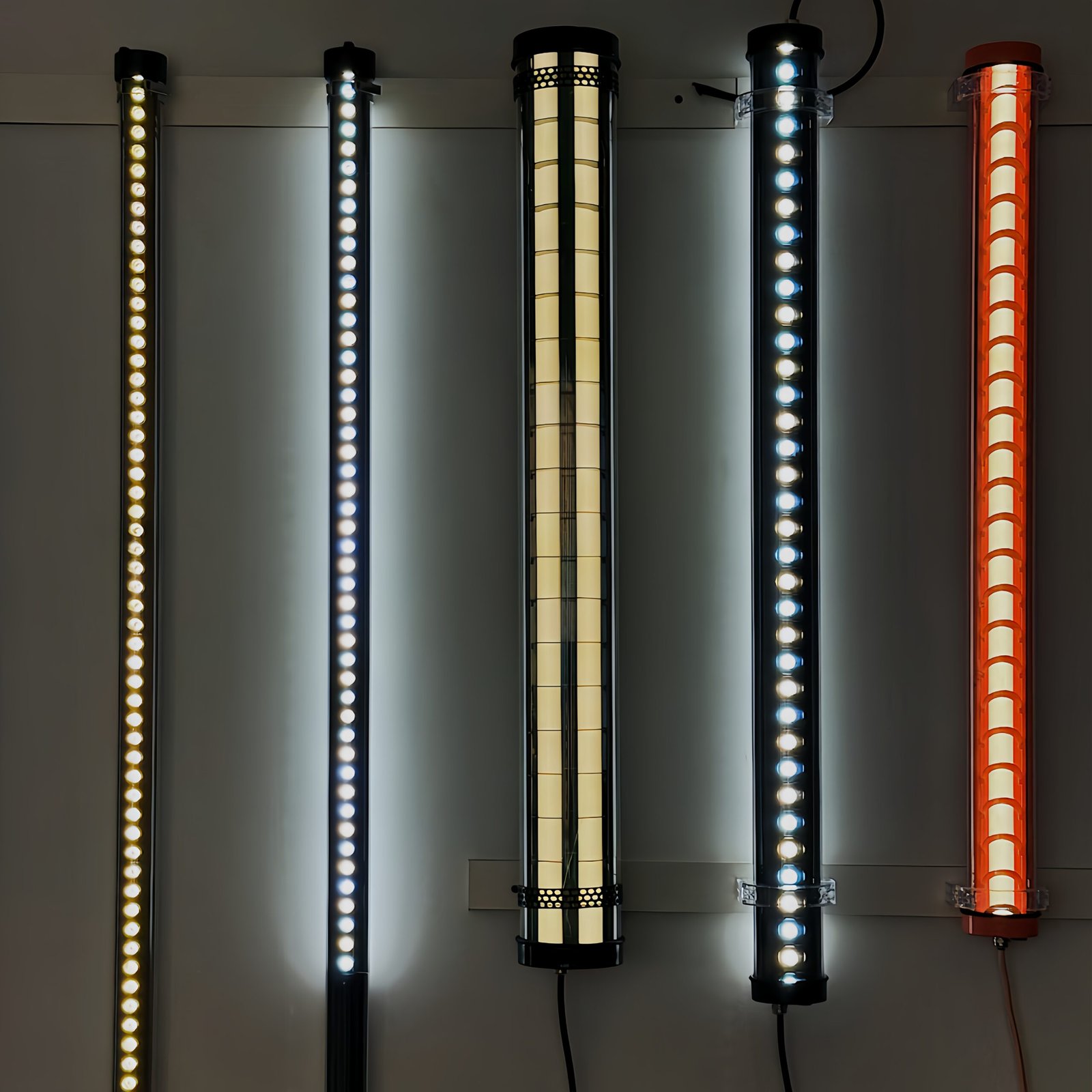 Architectural tubular luminaire showing single-sided and double-sided emission options with micro-reflector cup optics