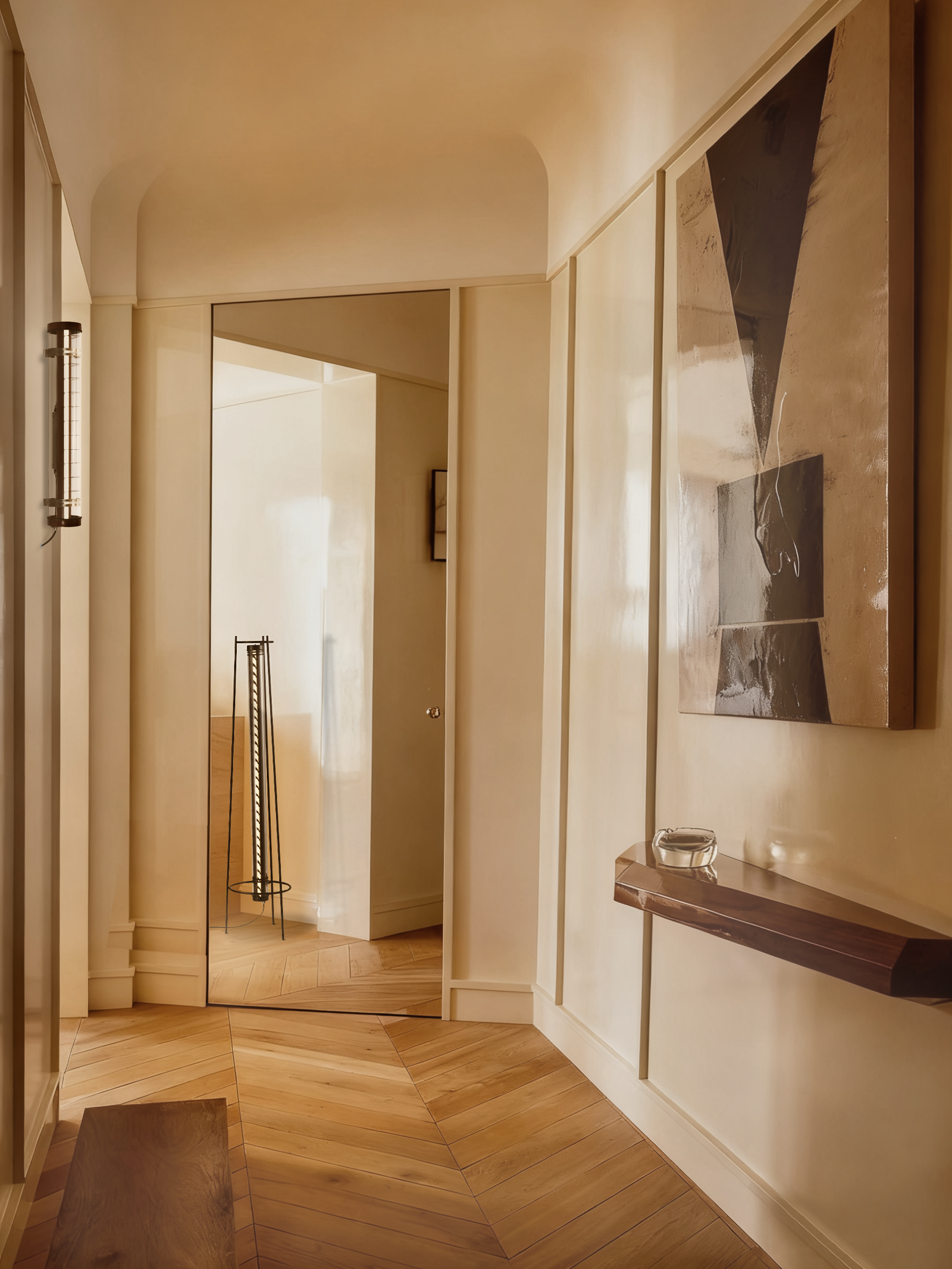 Rosa Architectural Tubular Luminaire Rosa wall-mounted architectural tubular lights installed at a residential entry porch — compact façade lighting for semi-outdoor use (MANI Lighting)