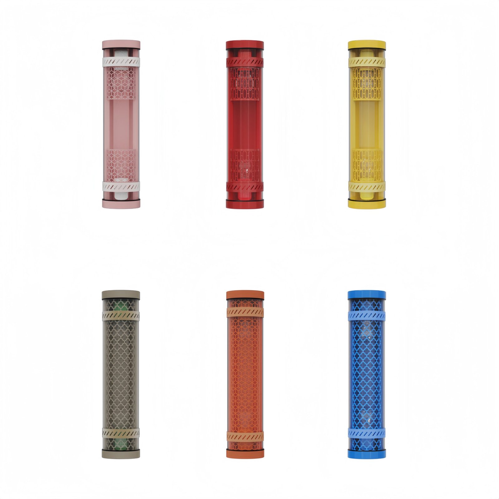 Moreau decorative tubular wall lights with E27 lamp system, showing multiple colour finishes and decorative metal grille configurations