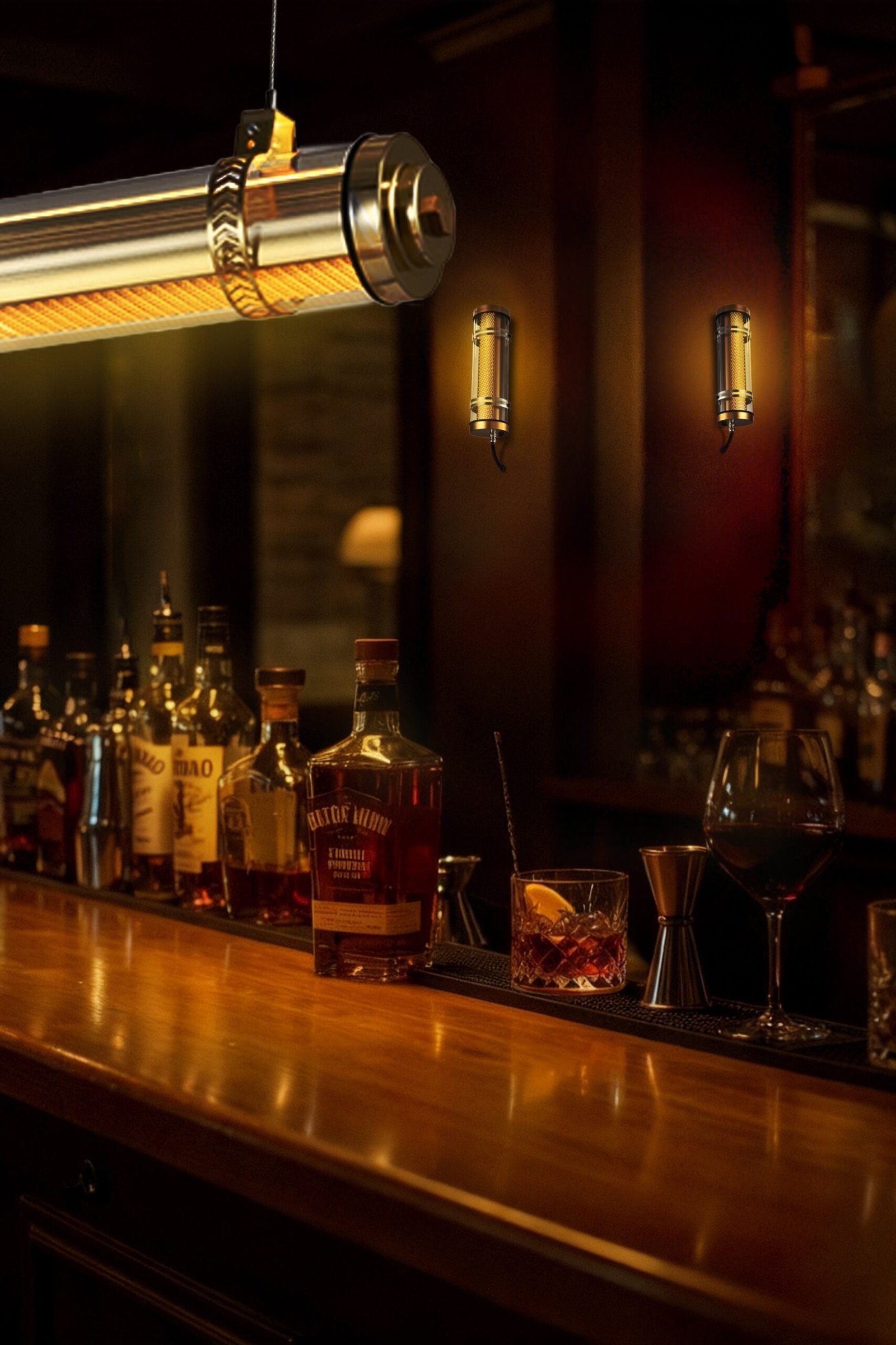 Arno Architectural Tubular Luminaire MANI architectural tubular wall lights in a bar setting, providing directional illumination and ambient guidance