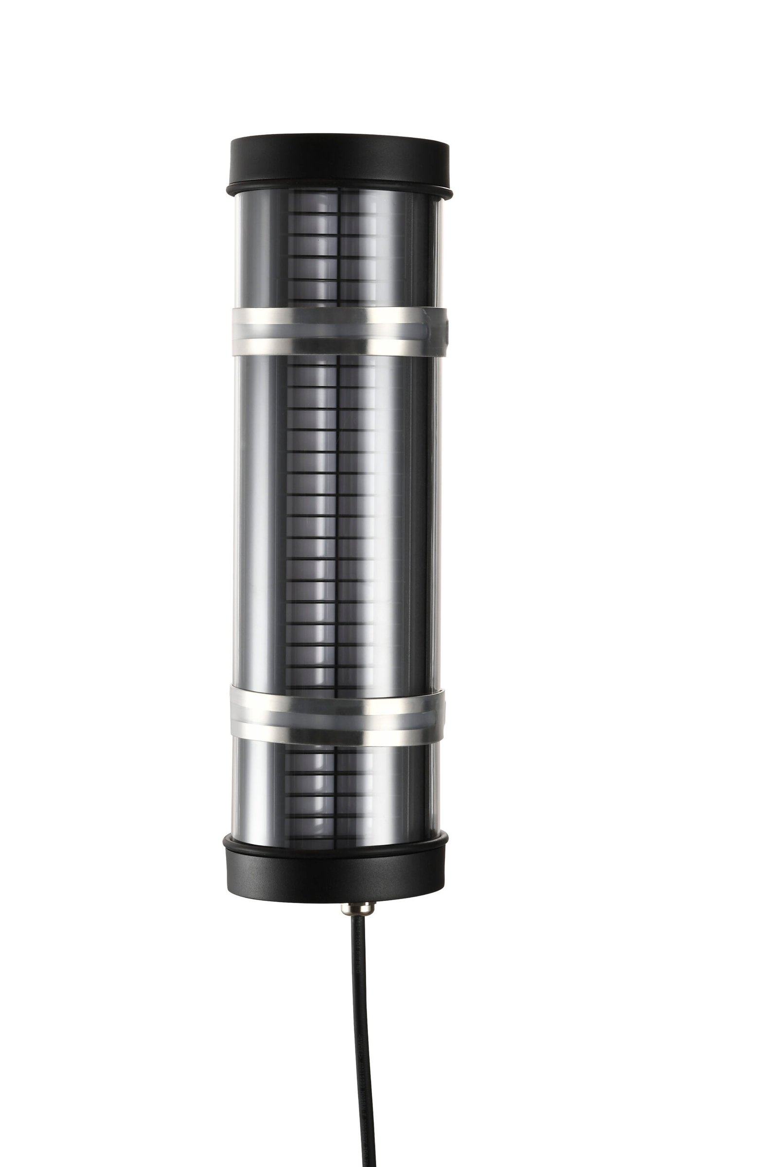 Arno Architectural Tubular Luminaire MANI Lighting architectural tubular wall light, black finish, louver grille detail, clear tube, Ø100mm