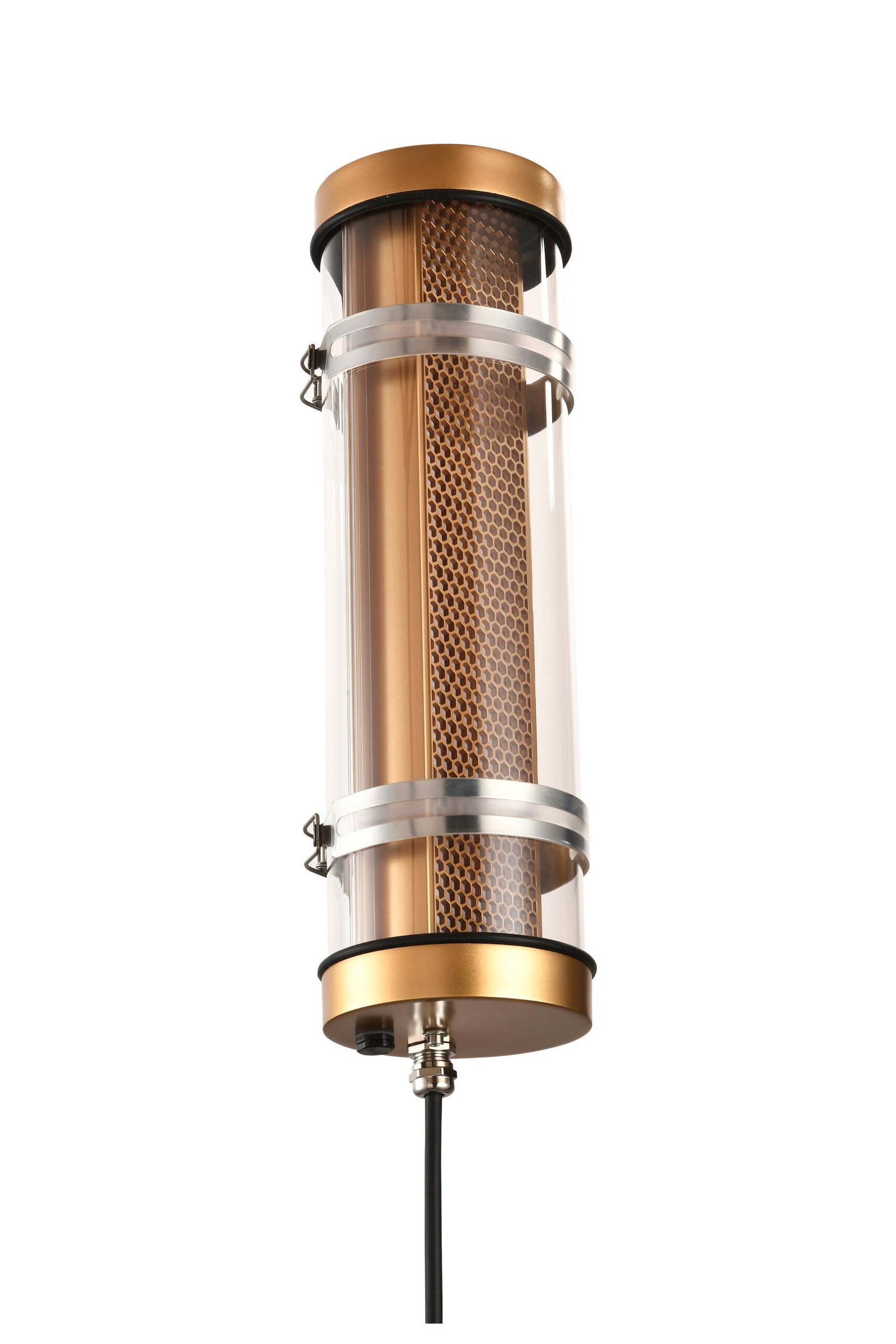 Arno Architectural Tubular Luminaire MANI Lighting architectural tubular wall light, gold finish, honeycomb grille detail, clear tube, Ø100mm