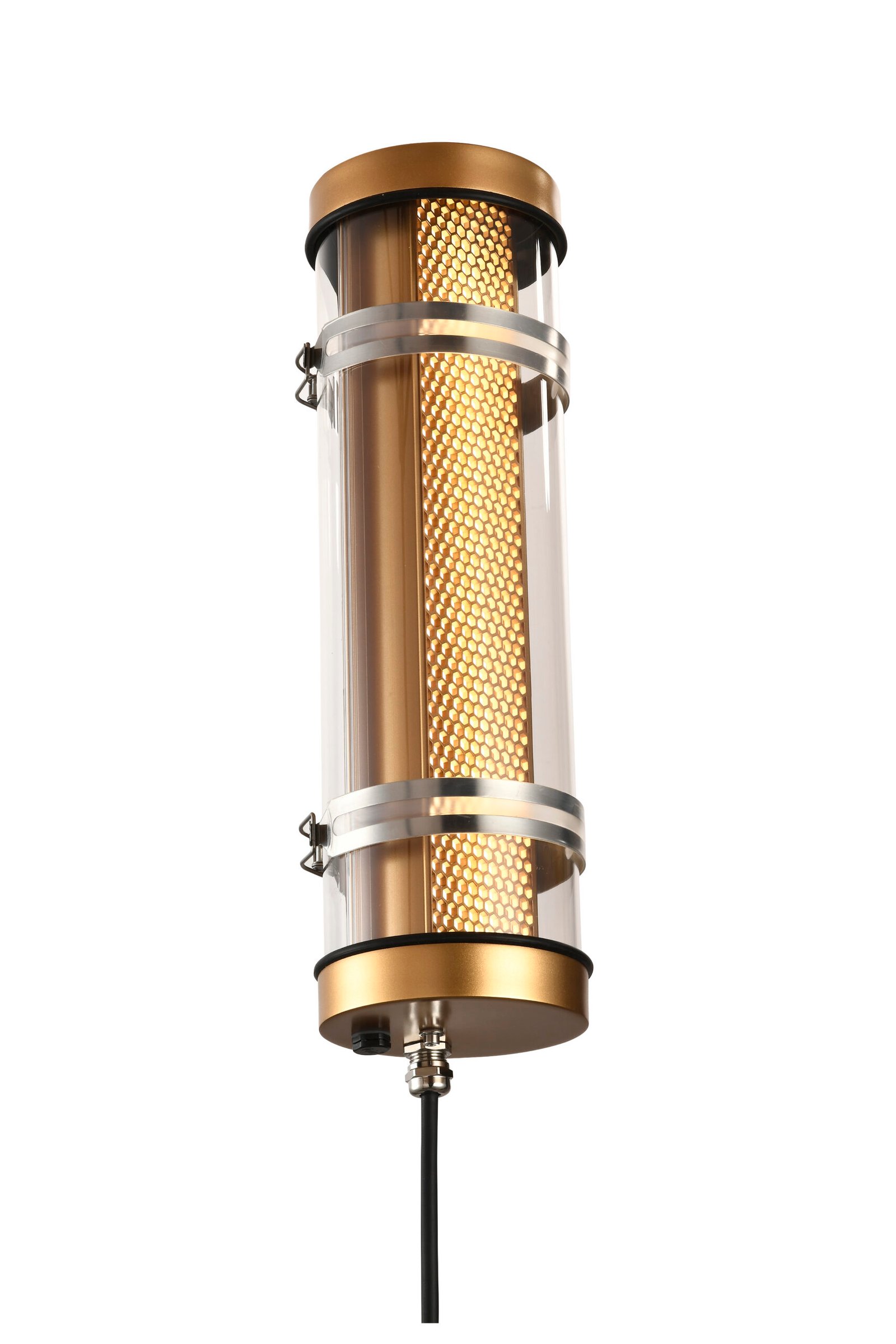 Arno Architectural Tubular Luminaire MANI Lighting architectural tubular wall light, gold finish, honeycomb grille detail, clear tube, Ø100mm