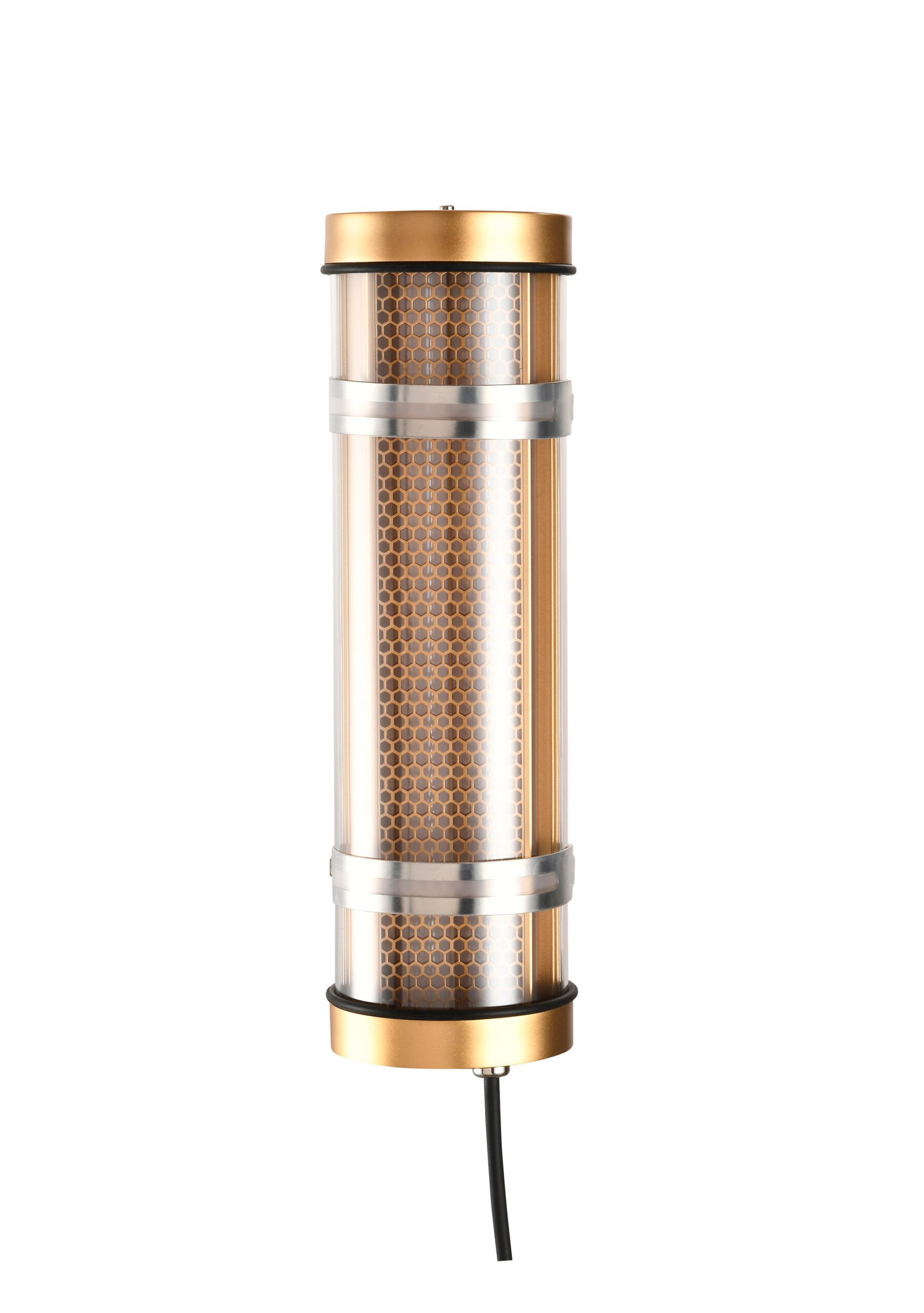 Arno Architectural Tubular Luminaire MANI Lighting architectural tubular wall light, gold finish, honeycomb grille detail, clear tube, Ø100mm