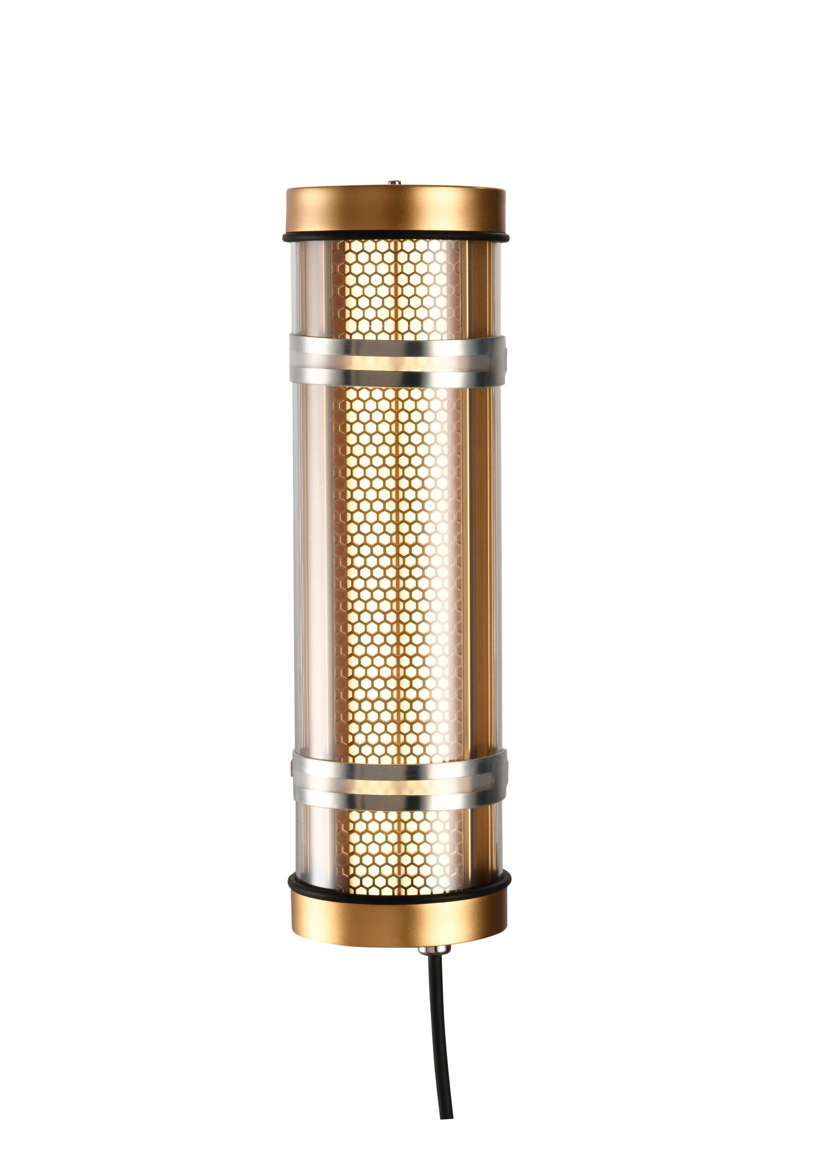 Arno Architectural Tubular Luminaire MANI Lighting architectural tubular wall light, gold finish, honeycomb grille detail, clear tube, Ø100mm