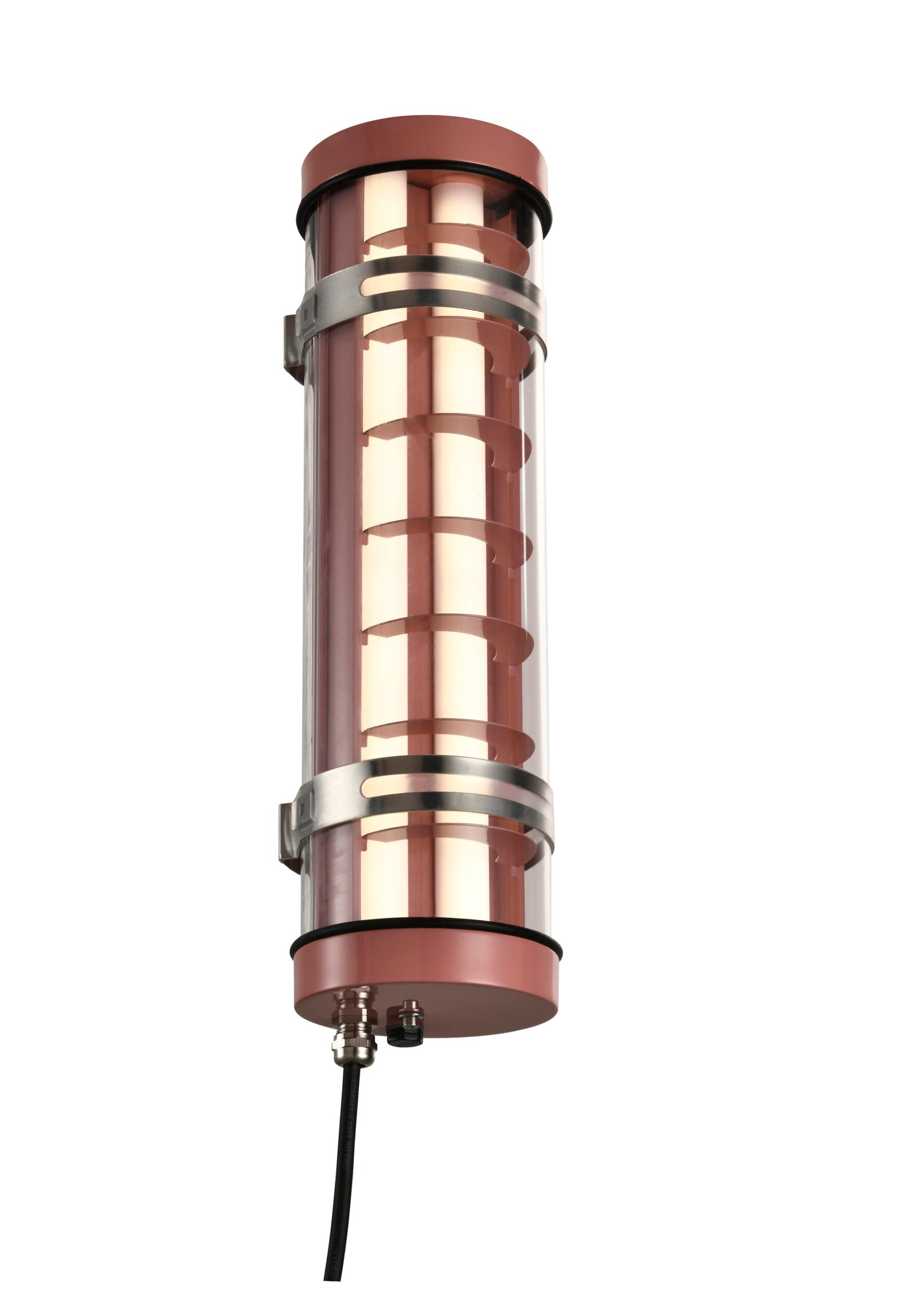 Rosa Architectural Tubular Luminaire Architectural tubular light with vertical aluminum louver insert and decorative brackets, suitable for wall-mounted or suspended installation