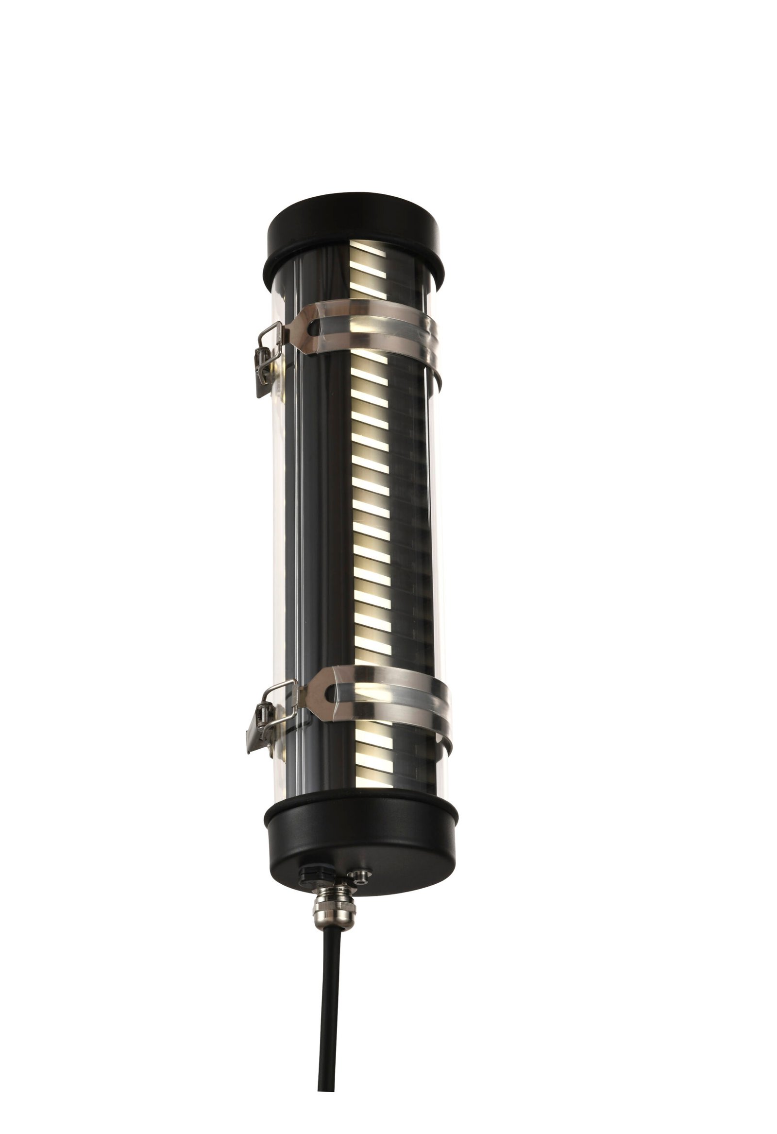 Arno Architectural Tubular Luminaire MANI Lighting architectural tubular wall light, black finish, louver grille detail, clear tube, Ø70mm