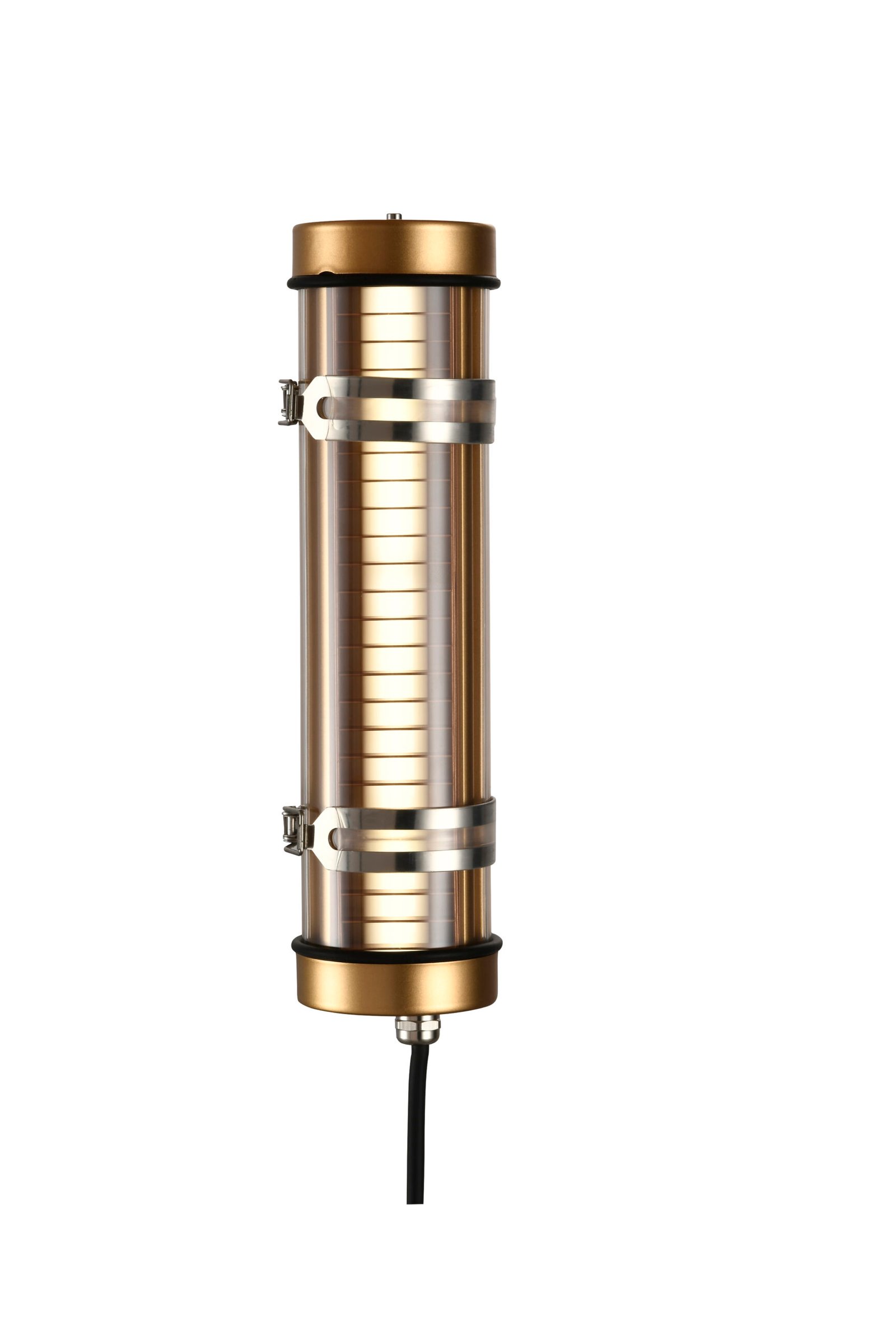 Arno Architectural Tubular Luminaire MANI Lighting architectural tubular wall light, gold finish, louver grille detail, clear tube, Ø70mm
