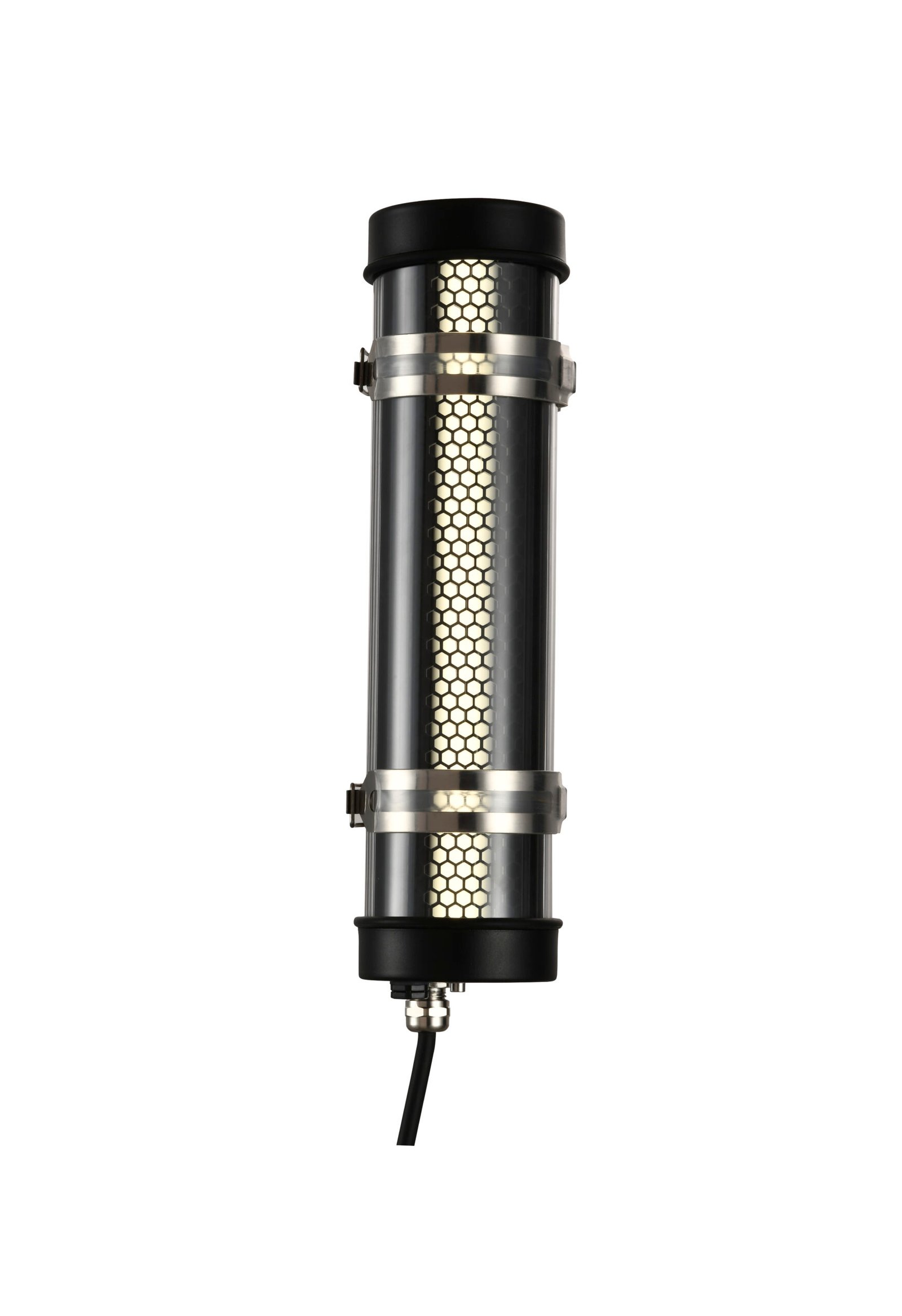 Arno Architectural Tubular Luminaire MANI Lighting architectural tubular wall light, black finish, honeycomb grille detail, clear tube, Ø70mm