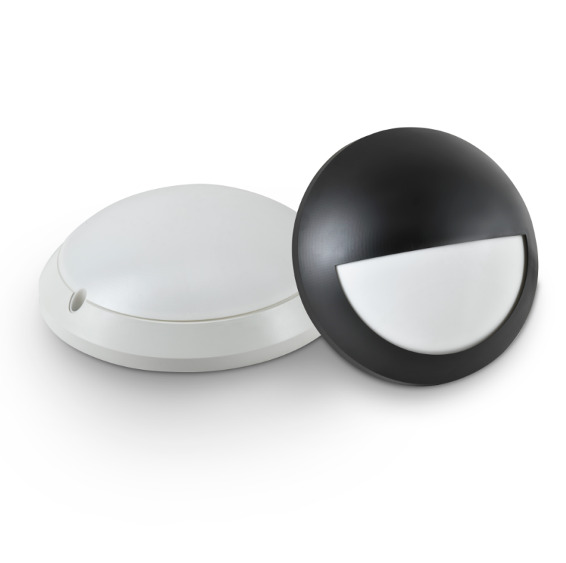 Round LED bulkhead light with full-cover and half-shade design in black and white housing — waterproof outdoor wall and ceiling mount lamp