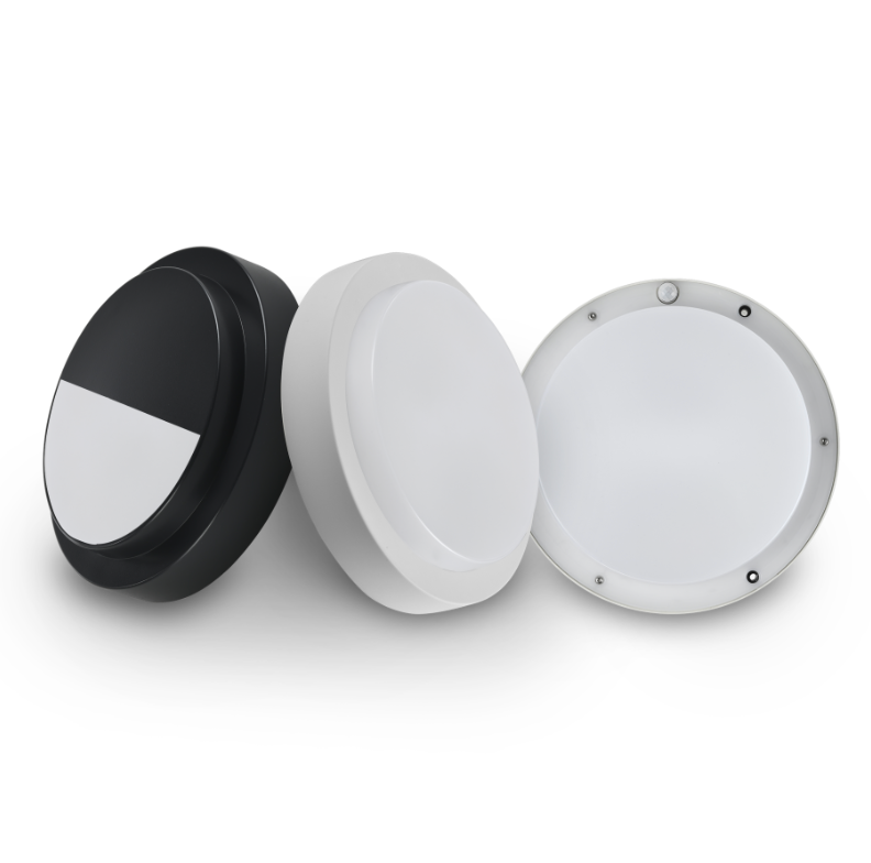 Round LED bulkhead lights in black and white — half-shade version, full-cover version, and PIR motion sensor model for indoor and outdoor wall or ceiling installation