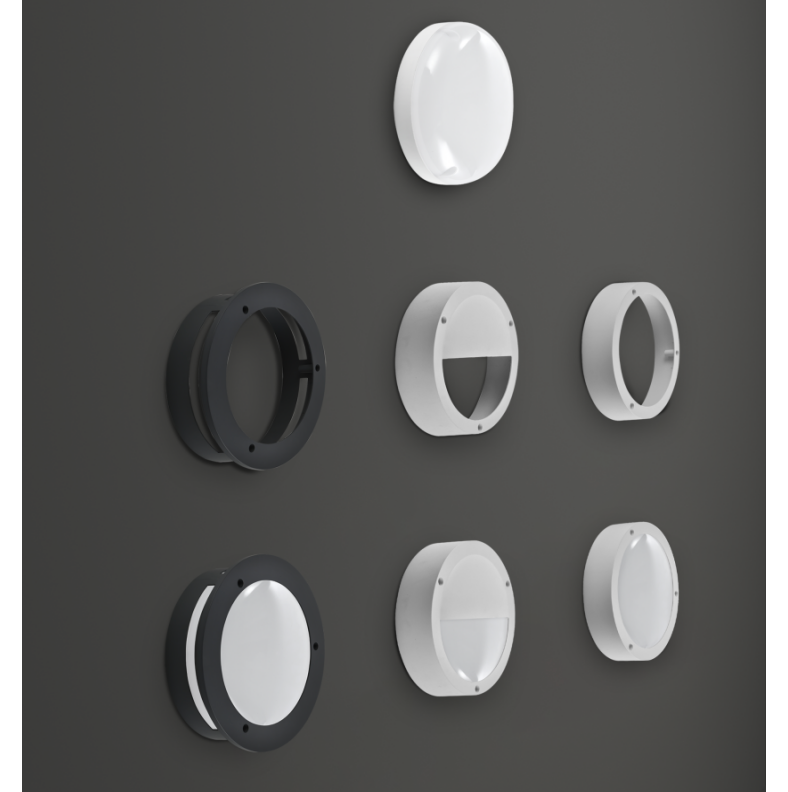 Modular round LED bulkhead light components — full-cover diffuser, half-shade trim, and mounting bezels in black and white for wall and ceiling fixtures