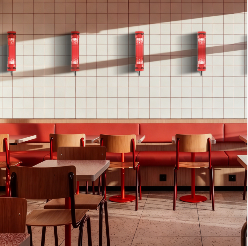 Moreau decorative tubular wall lights installed in a restaurant interior, featuring red metal grille design and E27 lamp system arranged in a linear composition