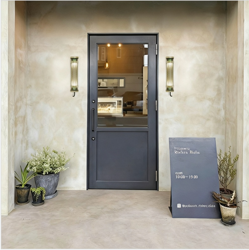 Moreau decorative tubular wall lights installed on an entrance façade, featuring symmetrical wall-mounted design with decorative metal grille and E27 lamp system