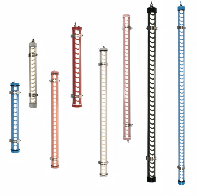 Architectural tubular LED lights with decorative grille, shown in multiple lengths and color finishes