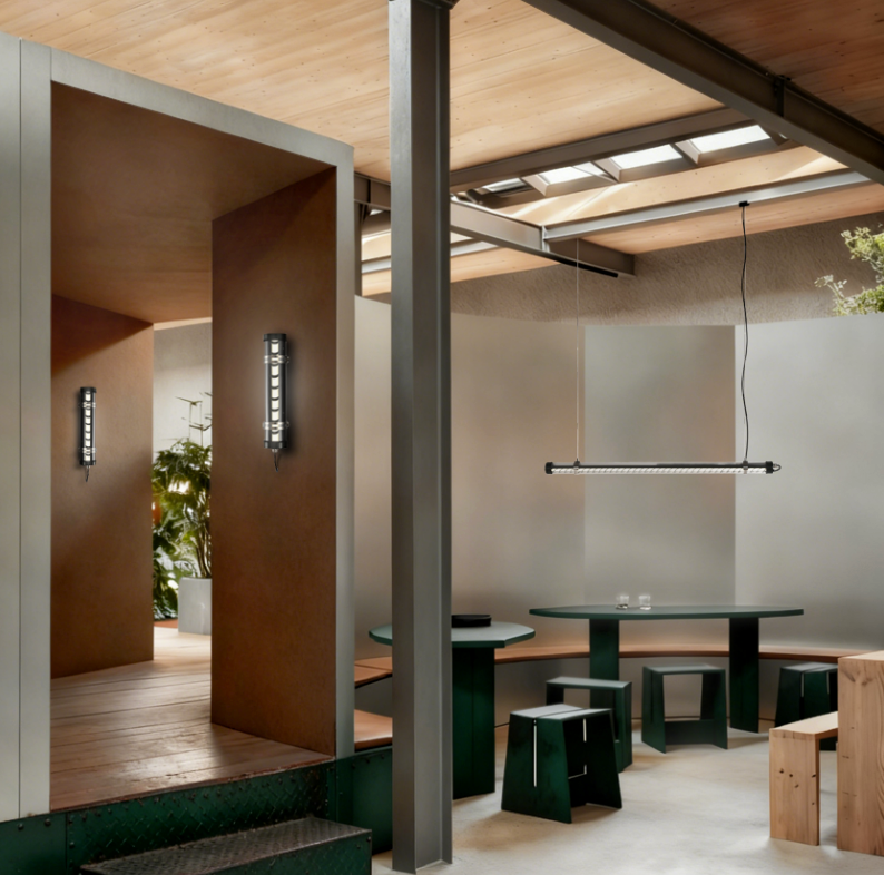 Matisse Architectural Tubular Luminaire Architectural tubular LED lights installed as wall-mounted vertical fixtures and a suspended linear pendant in a modern interior