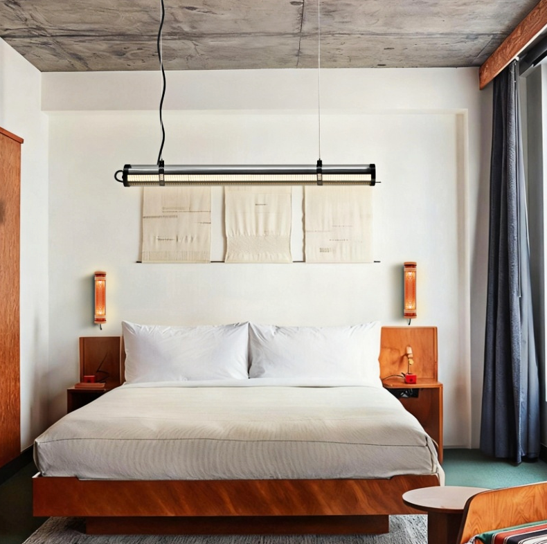 Moreau decorative tubular wall lights installed outdoors, featuring orange metal grille and E27 lamp system in a hospitality setting