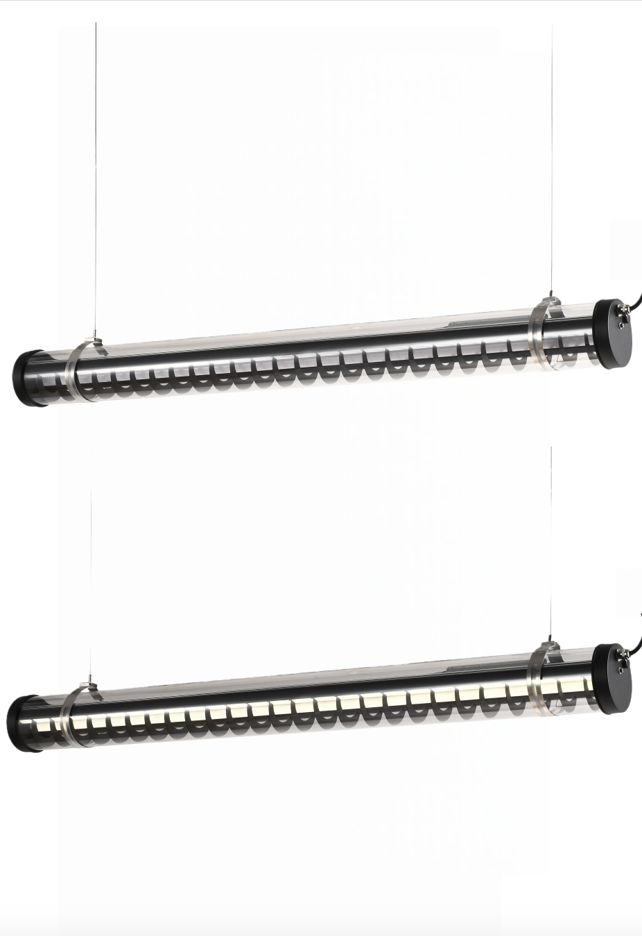 Rosa Architectural Tubular Luminaire Architectural tubular light with vertical aluminum louver insert and decorative brackets, suitable for wall-mounted or suspended installation