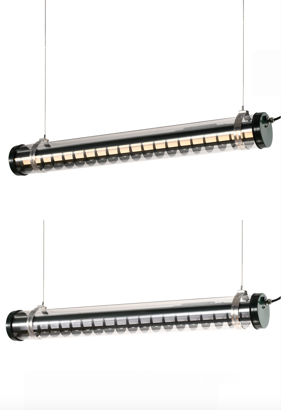 Rosa Architectural Tubular Luminaire Architectural tubular light with vertical aluminum louver insert and decorative brackets, suitable for wall-mounted or suspended installation