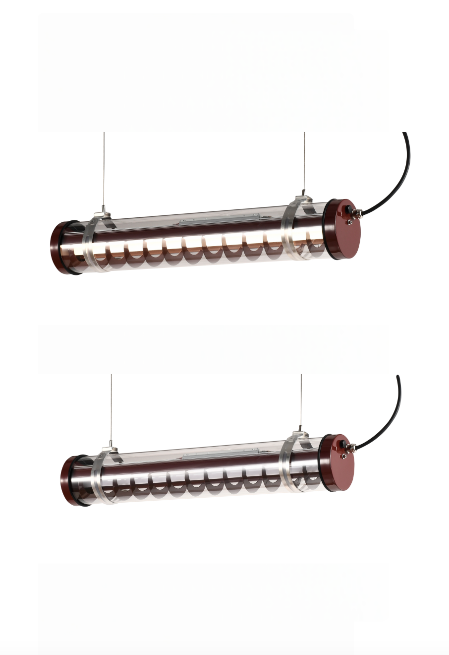 Rosa Architectural Tubular Luminaire Architectural tubular light with vertical aluminum louver insert and decorative brackets, suitable for wall-mounted or suspended installation