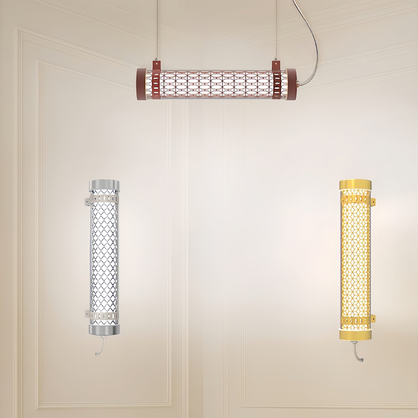 360° illumination Architectural LED tubular light with metal grille – wall-mounted and pendant versions in silver, gold and bronze