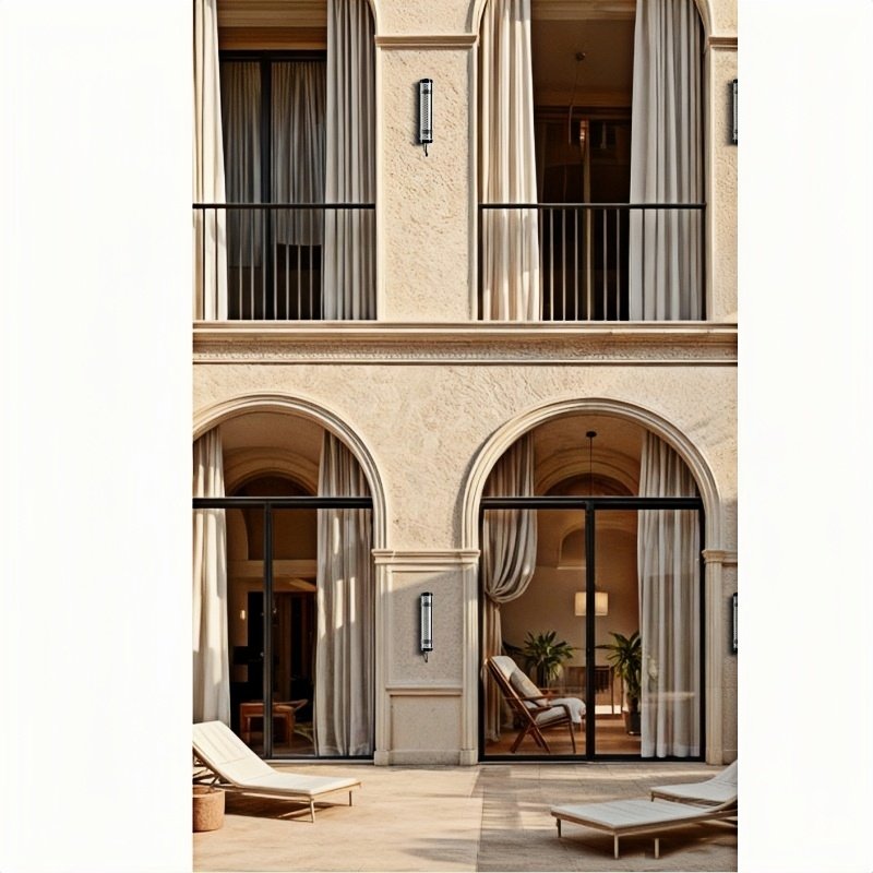 Architectural tubular wall luminaires installed on hotel facade for indoor and outdoor lighting