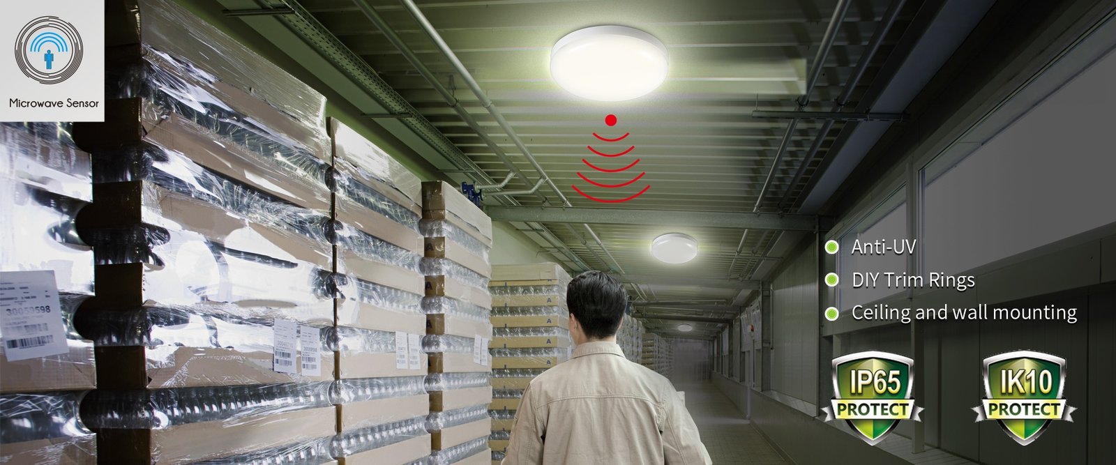 IP65 IK10 LED ceiling light with microwave sensor installed in warehouse corridor — anti-UV housing and DIY trim rings