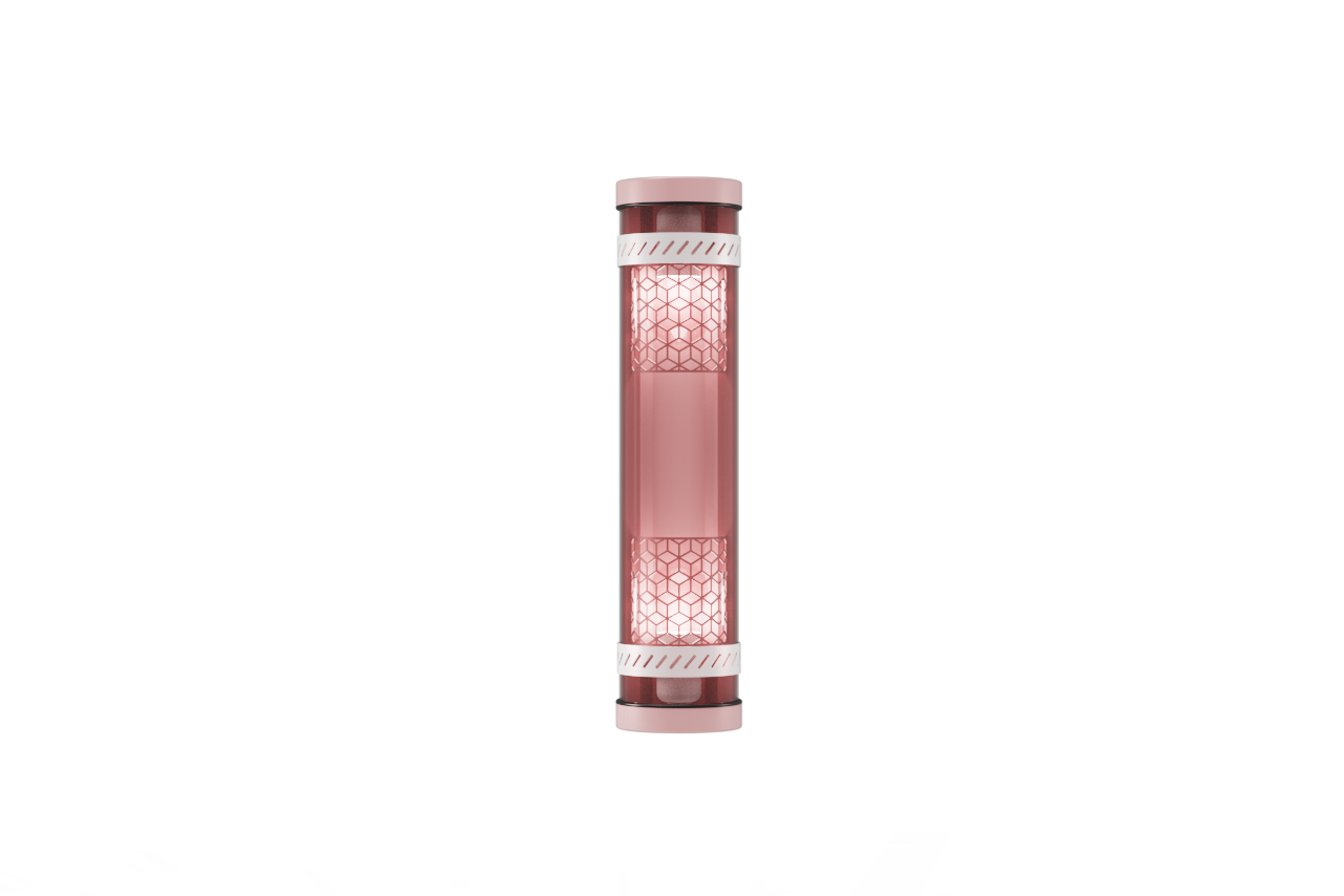 Moreau architectural tubular light with decorative pink metal casing and grille