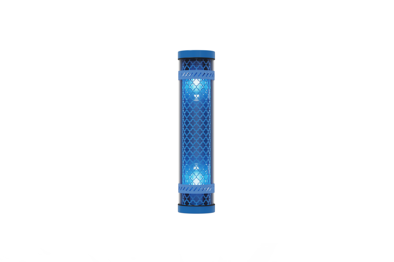 Moreau architectural tubular light with decorative blue metal casing and grille