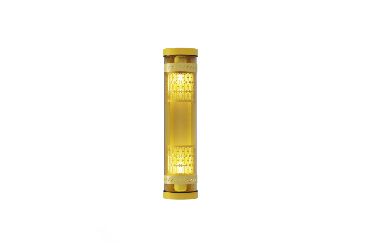 Moreau architectural tubular light with decorative yellow metal casing and grille