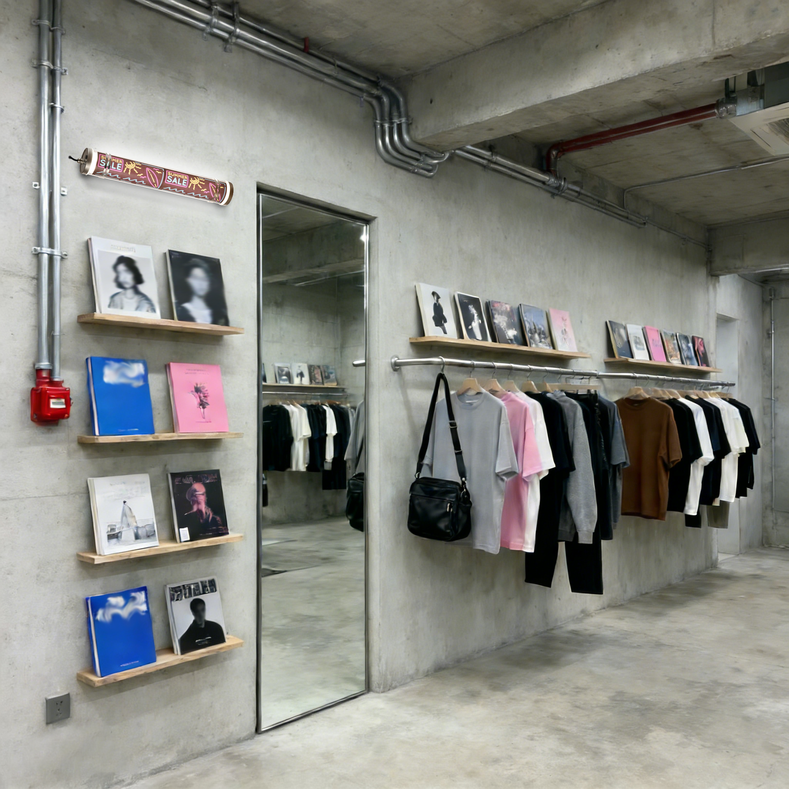 MANI Transparent tubular luminaire with custom safety graphics by sticker or UV printing