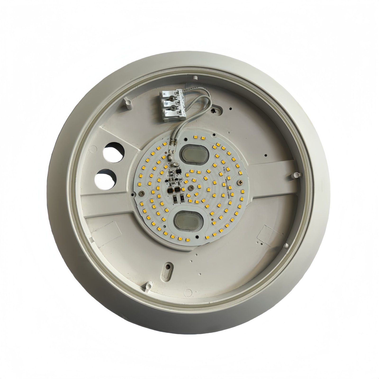 Internal structure of MC-804 LED bulkhead luminaire showing aluminum base and integrated AC driver solution