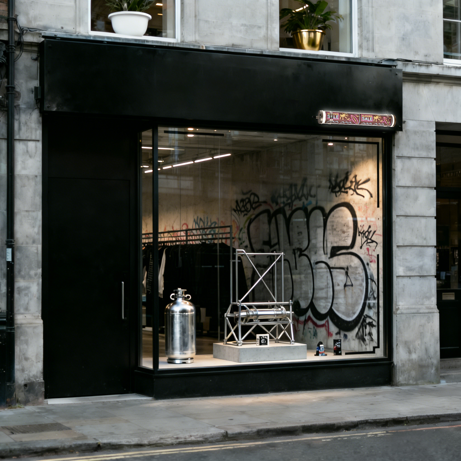 MANI Transparent tubular luminaire with custom safety graphics by sticker or UV printing