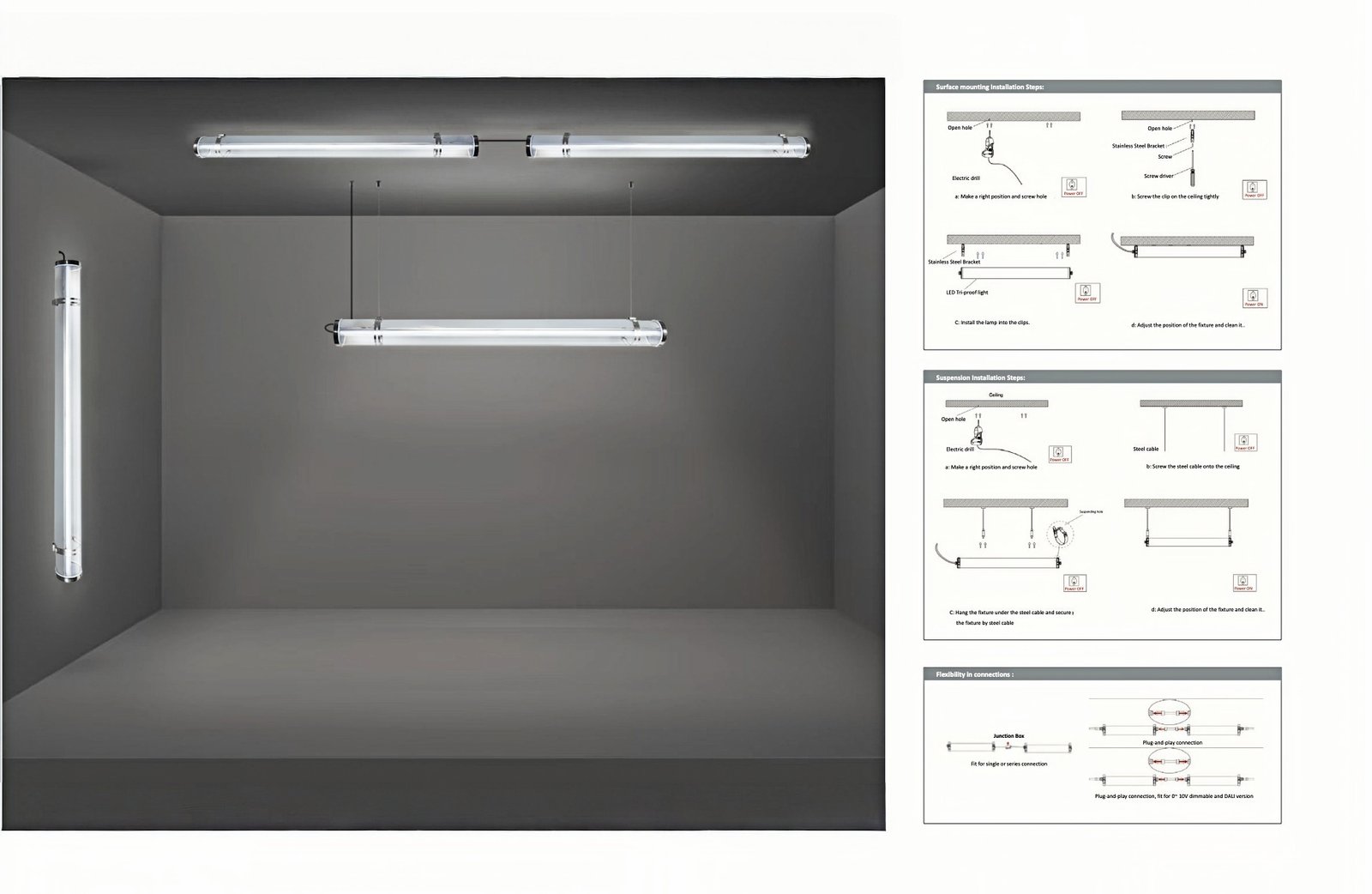 MANI Tubular Lights support suspended and surface mounted installation and linkable solution