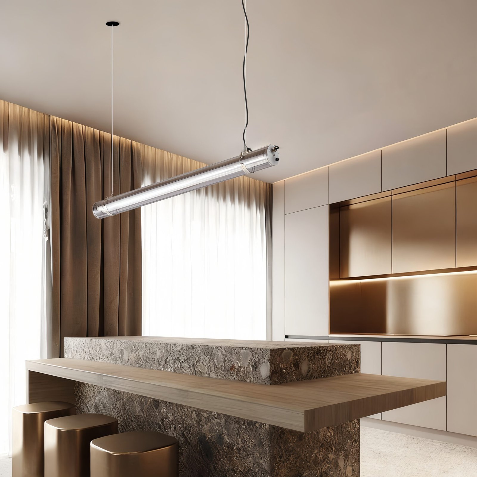 Swap Commercial LED Tri Proof T8 Tubular MANI Commercial tubular luminaire featuring an internal replaceable T8 LED tube, suitable for suspension or surface mounting