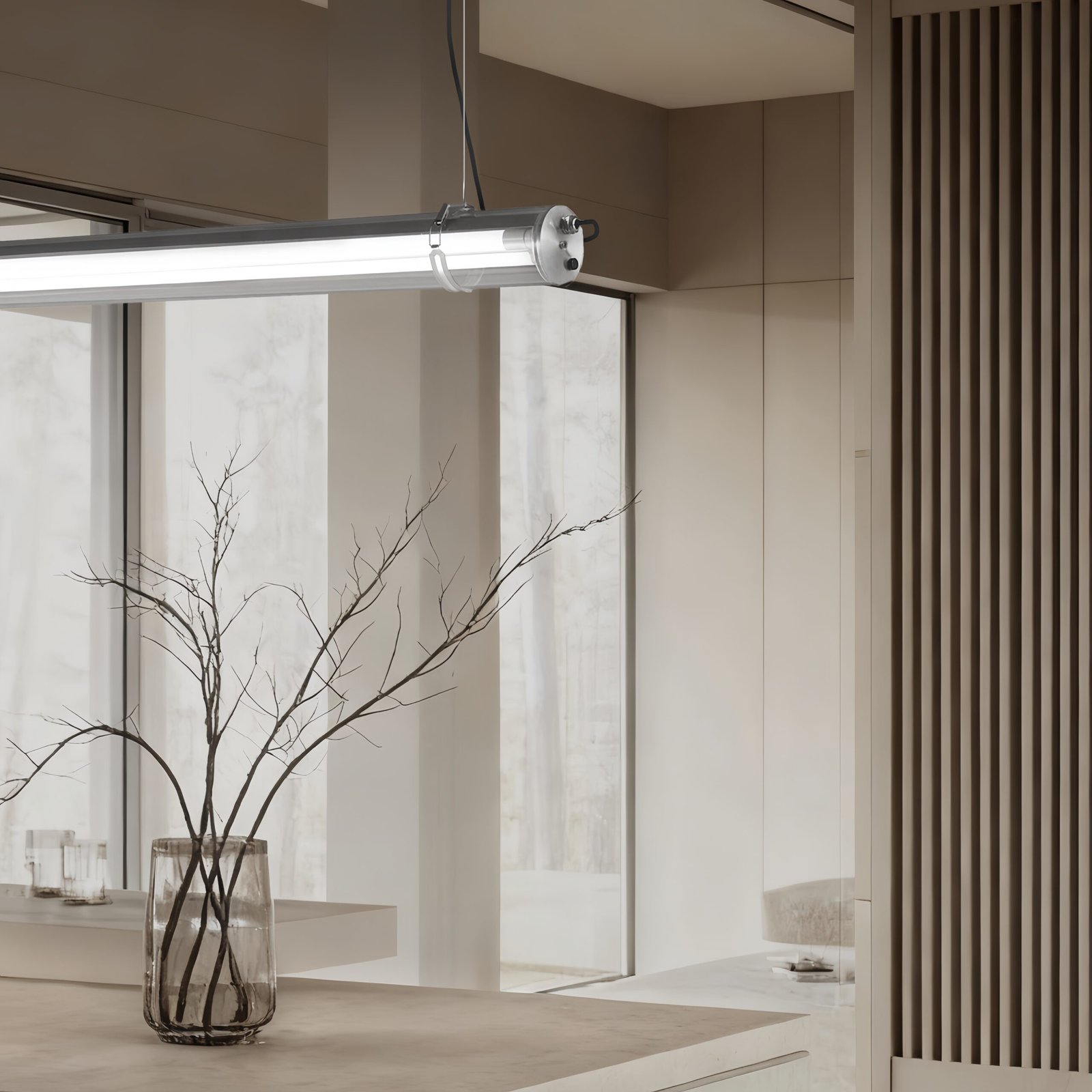 Swap Commercial LED Tri Proof T8 Tubular MANI Commercial tubular luminaire featuring an internal replaceable T8 LED tube, suitable for suspension or surface mounting