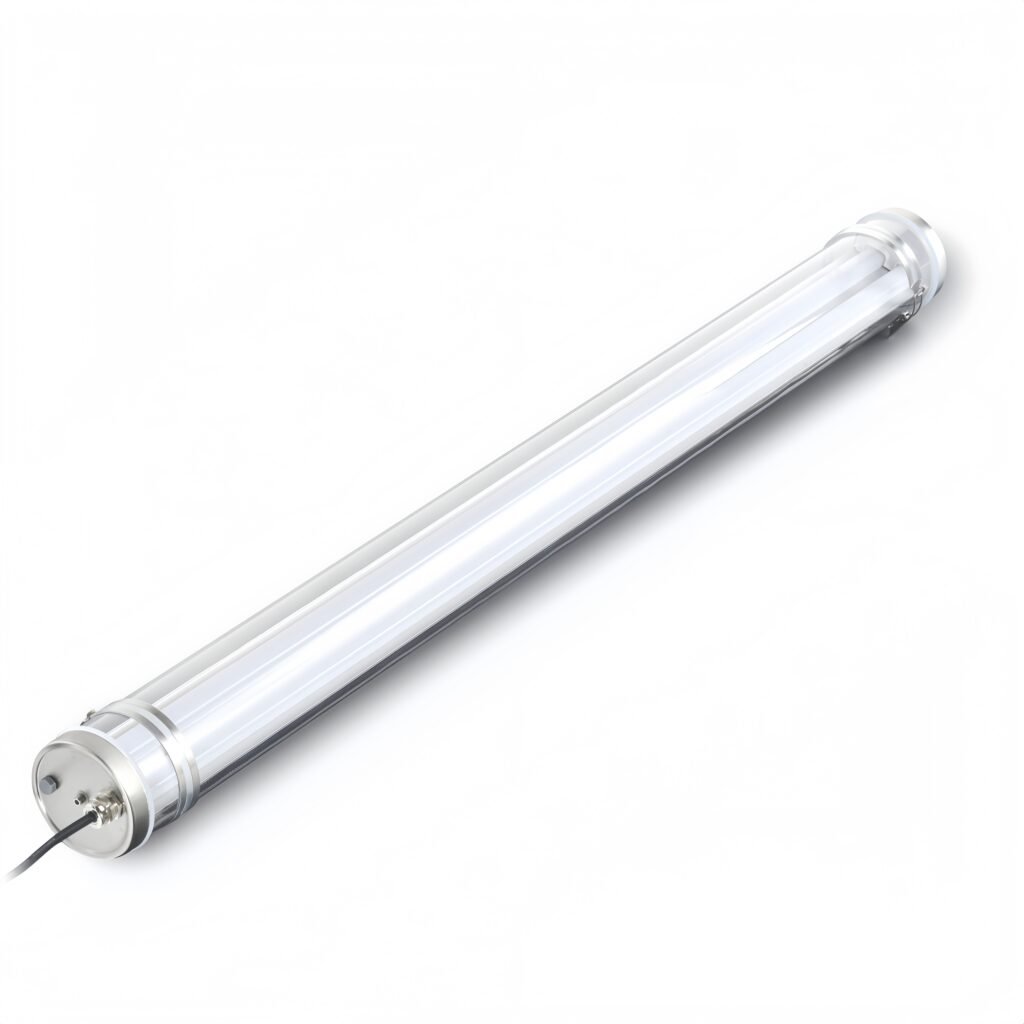 High strength protection industrial tubular tri-proof LED light with IK10, IP67, UV resistance and 960°C glow-wire resistance