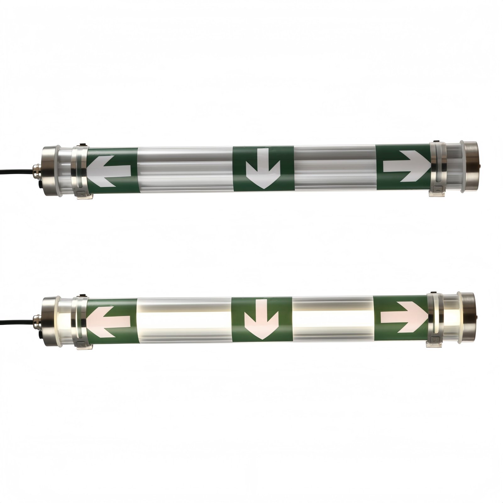 MANI Transparent tubular luminaire with custom safety graphics by sticker or UV printing