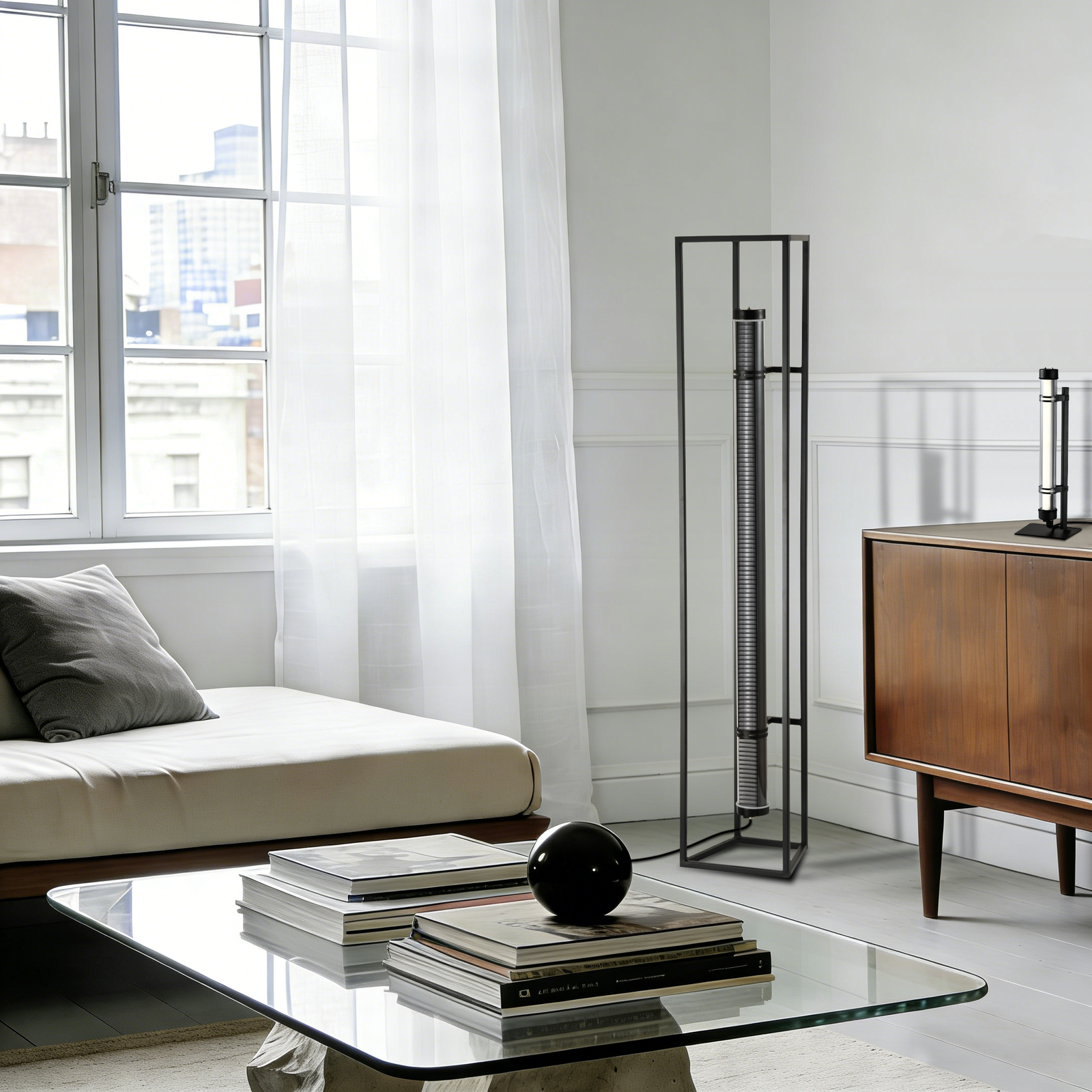 Home MANI designer floor lamp and table lamp with tubular light and minimalist trapezoidal structure