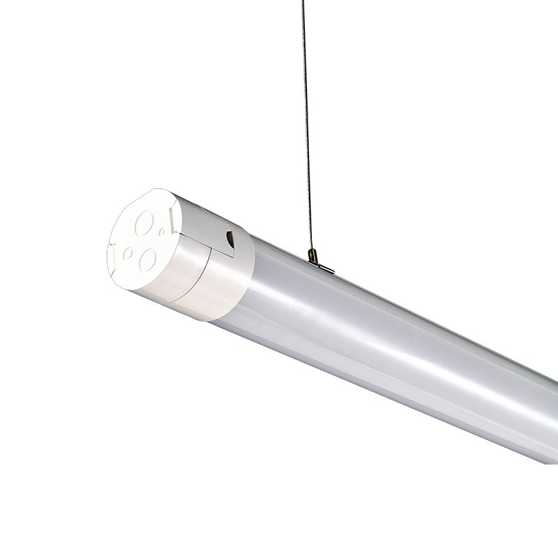 Commercial tubular luminaire with center-mounted aluminum suspension bracket for direct cable hanging