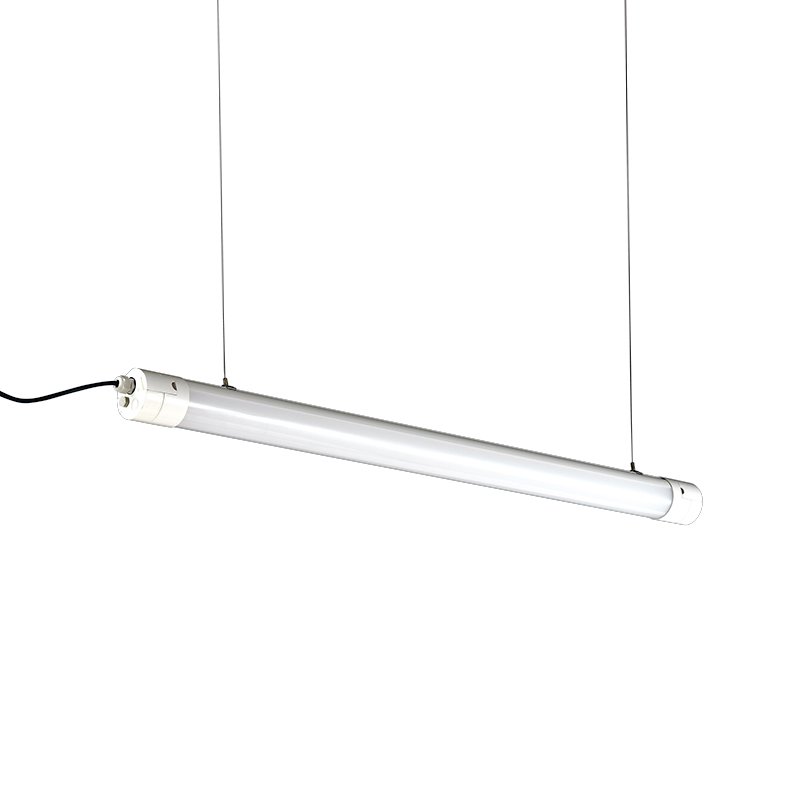 Commercial tubular luminaire with center-mounted aluminum suspension bracket for direct cable hanging