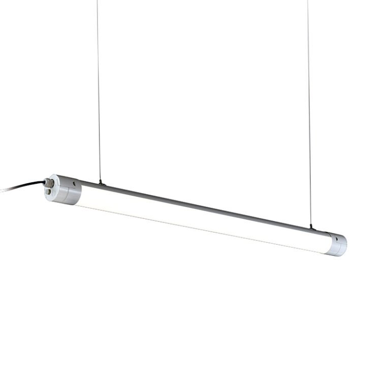 Commercial tubular luminaire with center-mounted aluminum suspension bracket for direct cable hanging