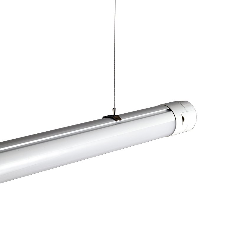 Commercial tubular luminaire with center-mounted aluminum suspension bracket for direct cable hanging