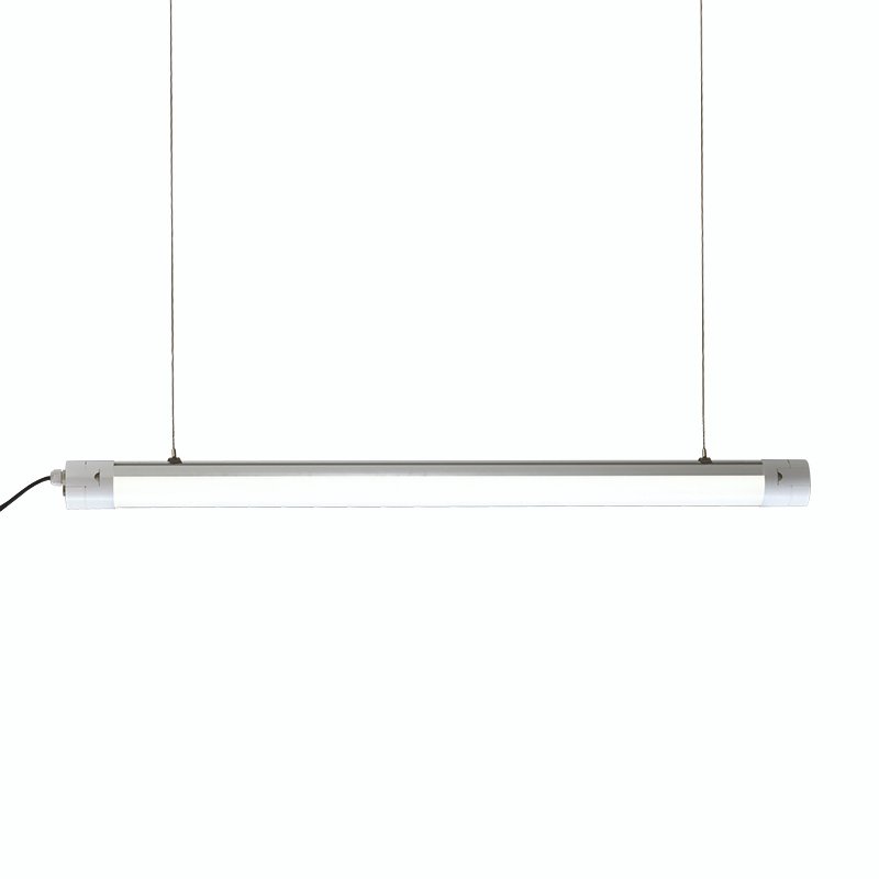 Commercial tubular luminaire with center-mounted aluminum suspension bracket for direct cable hanging