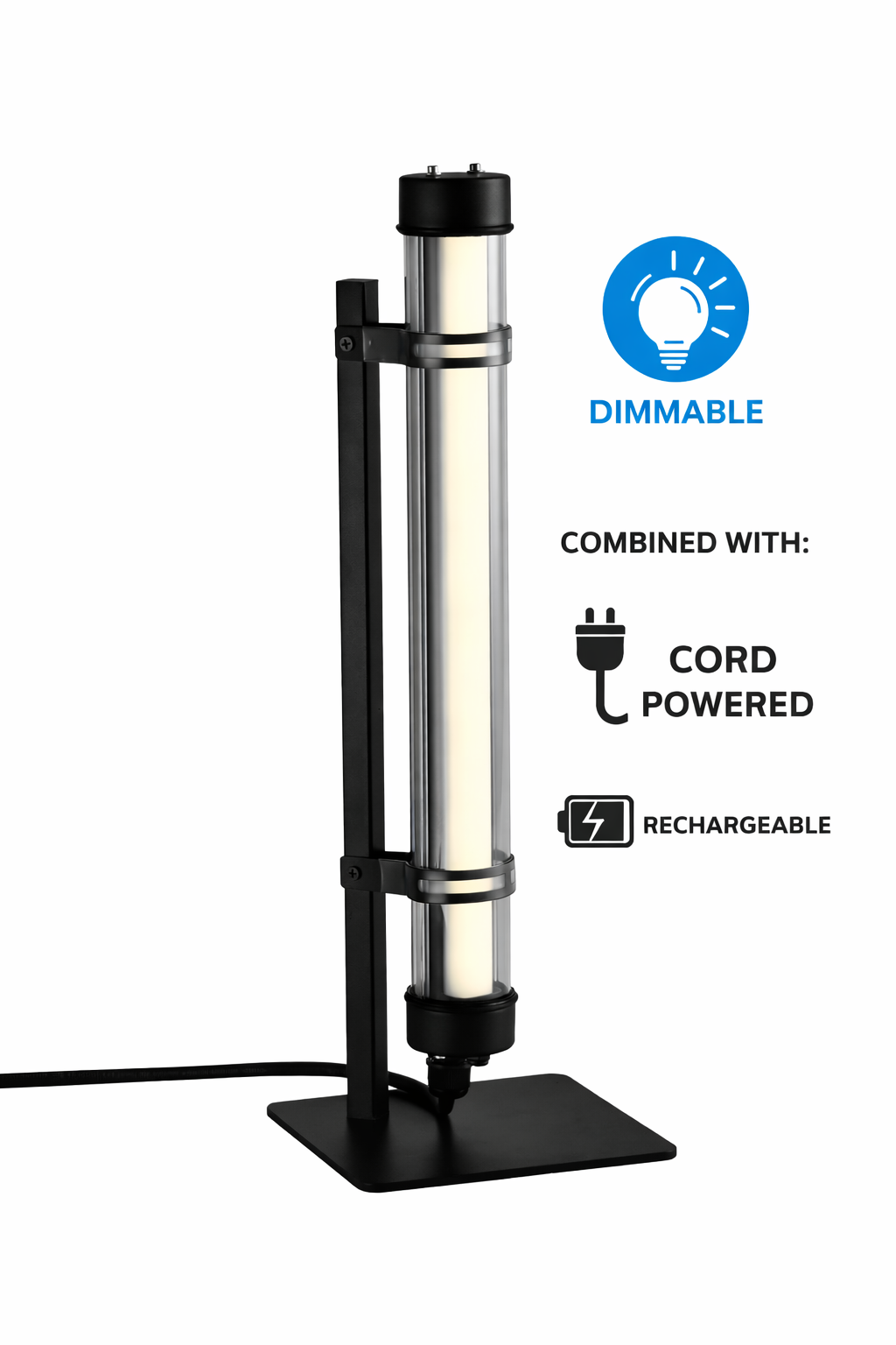 MANI Dimmable tubular LED lamp on stand with corded or rechargeable power options