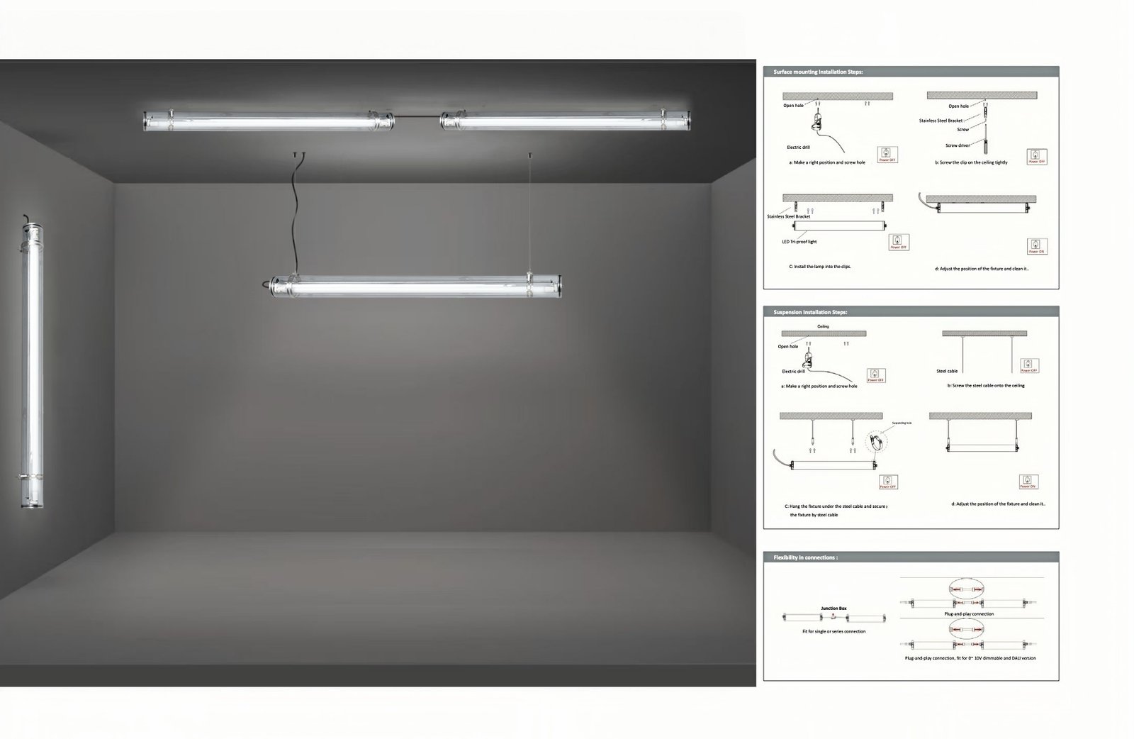 MANI Tubular Lights support suspended and surface mounted installation and linkable solution